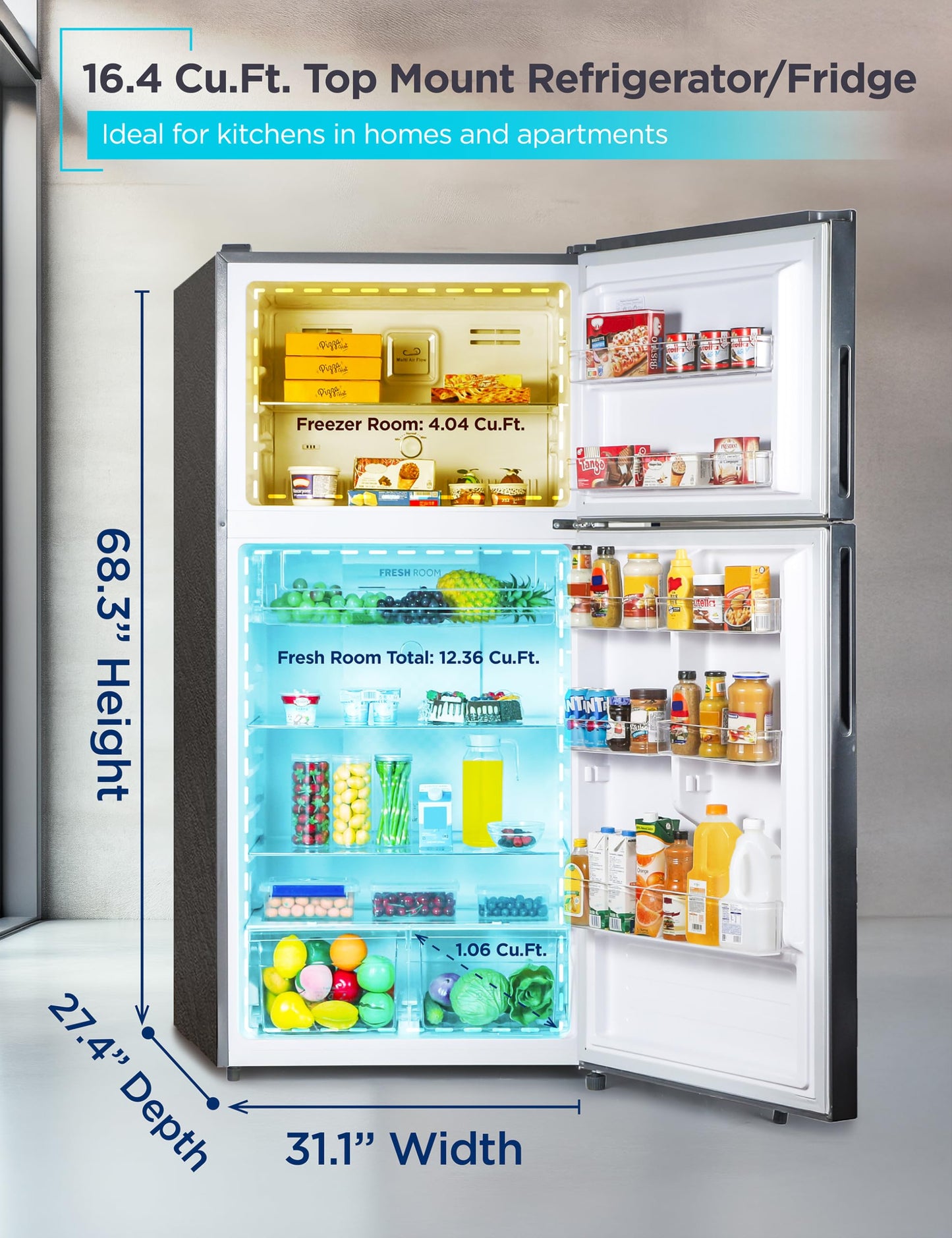 BLACK+DECKER 16.4 Cu. Ft. Top Mount Refrigerator with Freezer, 2 Door Fridge with Separate Temperature Controls, Auto Defrost, Full Size Kitchen Appliance For Homes and Apartments, BR1640KB, Black