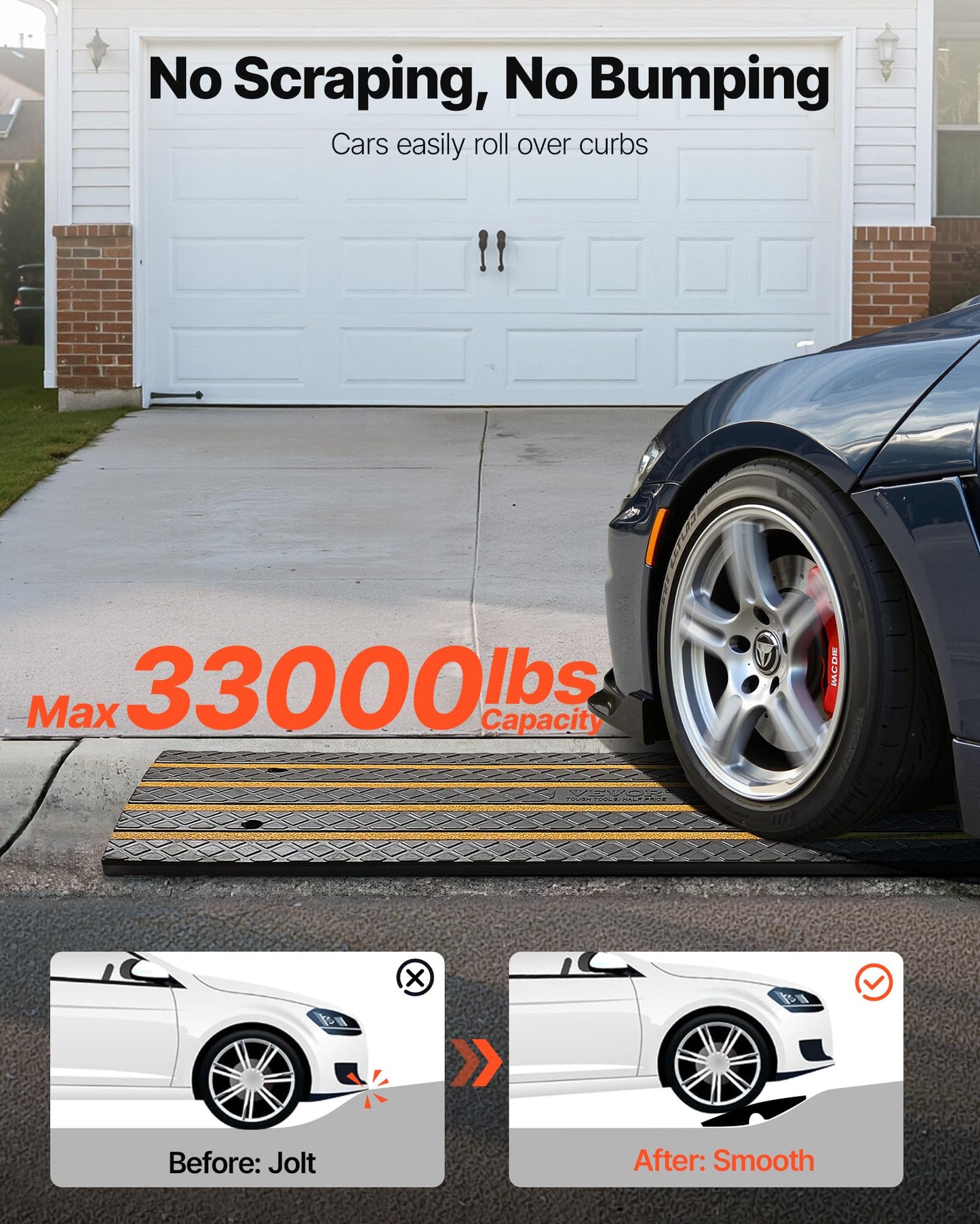 VEVOR Car Driveway Rubber Curb Ramp, 2 Pack 48.8-inch-Long Heavy Duty Low Profile Slope Ramps, 2.6’’ Rise, 33069 lbs Load Capacity, Reflective Safety Strips, for Vehicles, RVs, and Wheelchairs