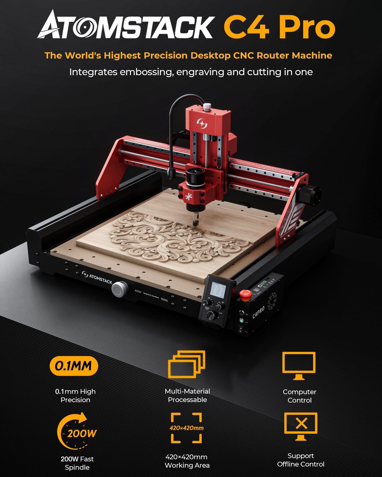 ATOMSTACK C4 Pro 4-Axis CNC Router Machine, 200W Spindle, Desktop Cutting and Milling Machine, Offline Control, 420×420mm Working Area, Relief Engraving for Wood, Plastic, Aluminum, Brass, PCB
