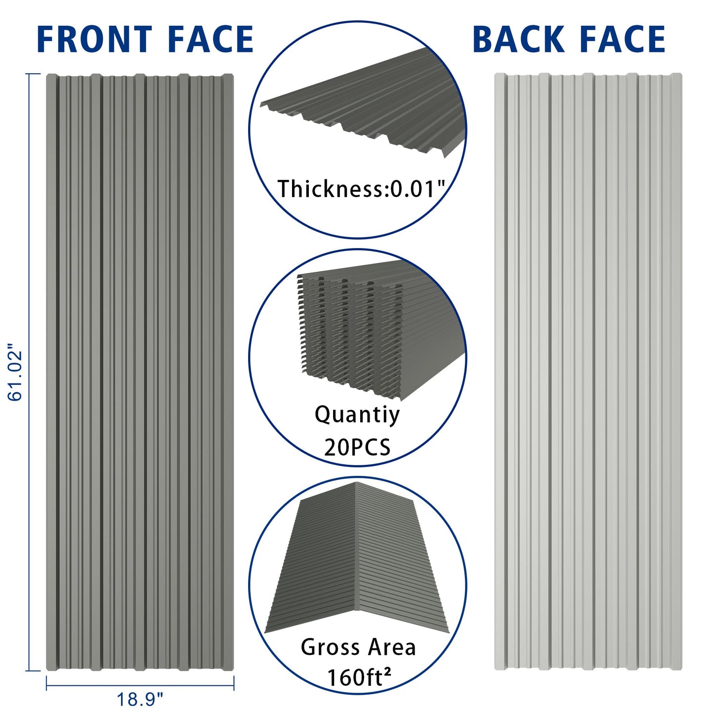 20PCS 160ft² Metal Roofing Panels 61.02”x18.9” Corrugated Metal Sheets Galvanized Exterior Siding Roofing Materials for Outdoor House Garages Sheds Pergola Gazebo Chicken Coop Stables, Grey