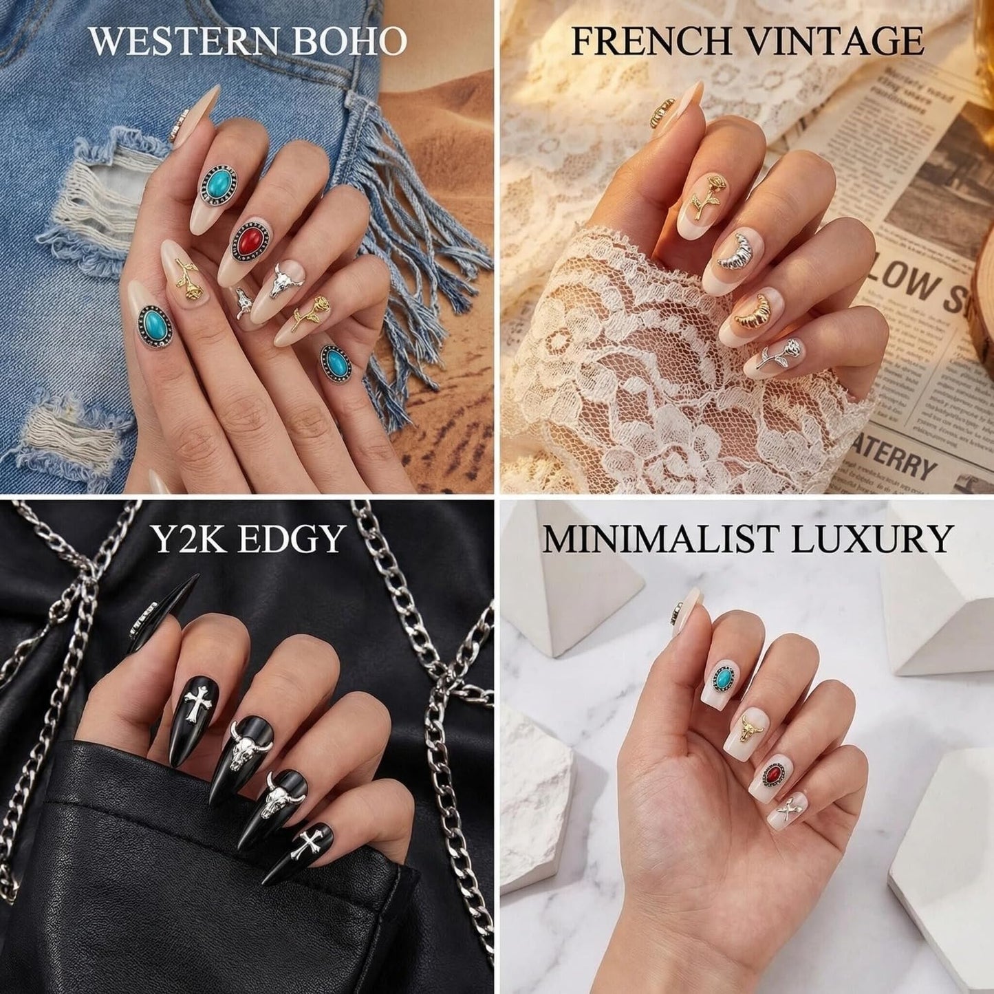 50 PCS Metal Turquoise Nail Charms - Western Cowboy Nail Art Decorations, 3D Nail Gems for DIY Manicure, Mixed Shapes Nail Accessories for Gel Acrylic Nails (C)