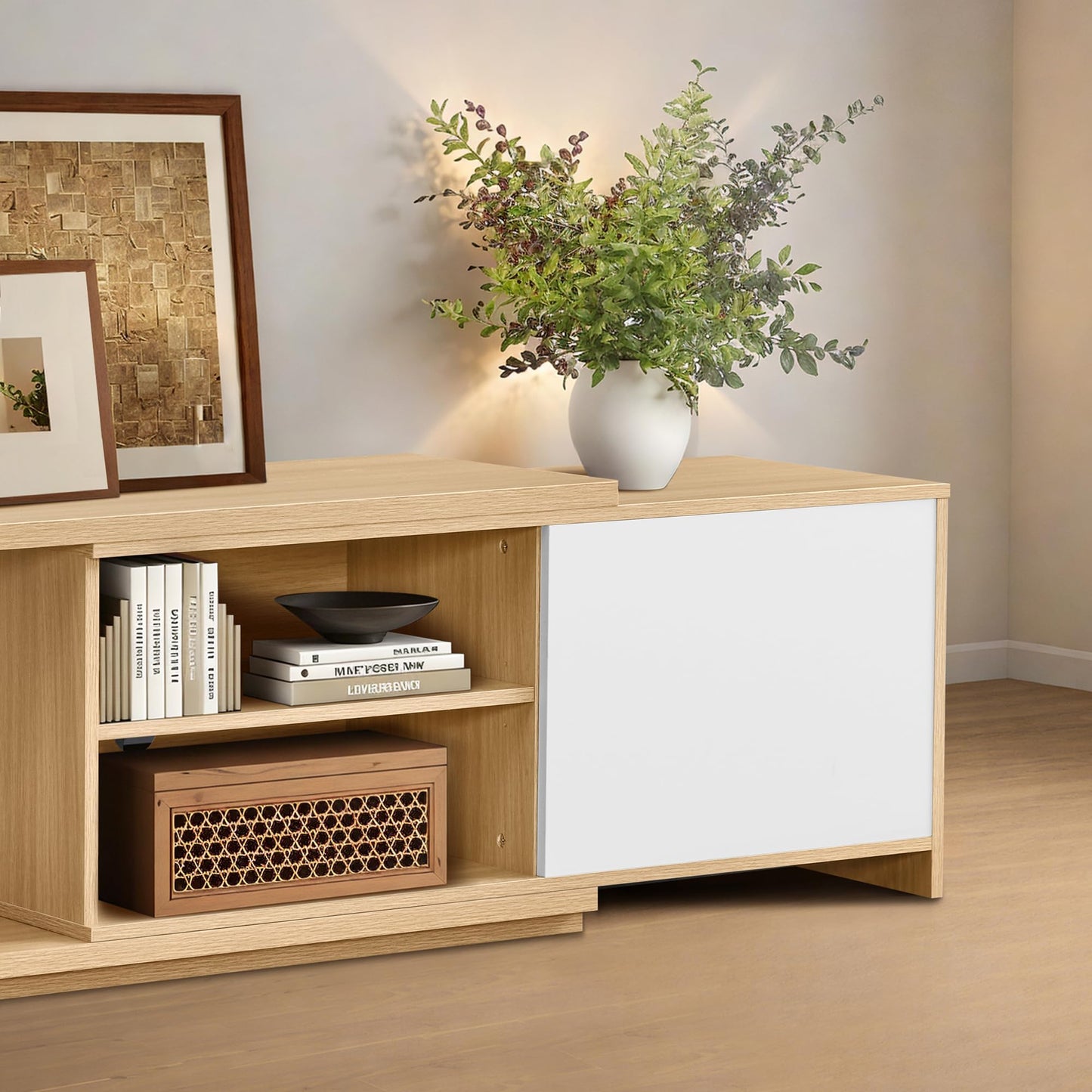 KISLOT Extendable TV Stand for TVs up to 90",Modern Entertainment Center with Adjustable Shelf,Television Stand with 2 Storage Cabinets,Wooden TV Media Console for Living Room Bedroom Natural Oak