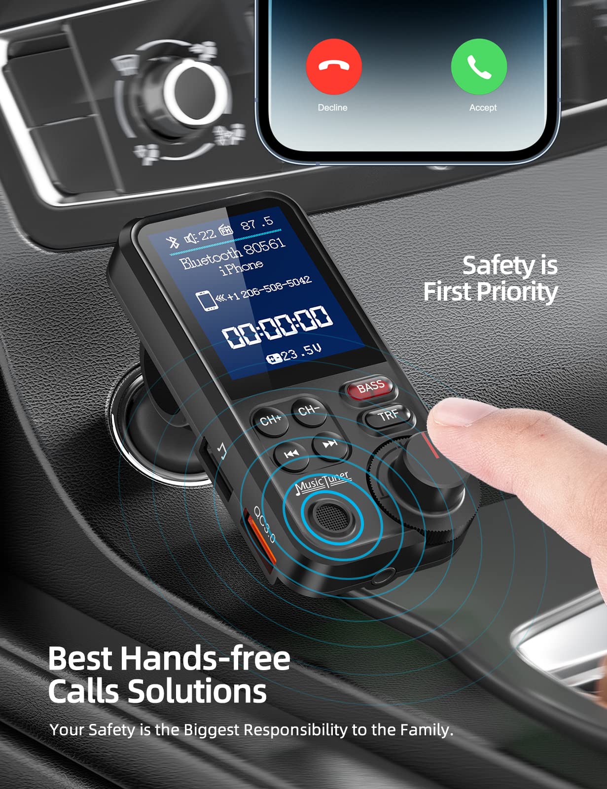 Nulaxy Bluetooth FM Transmitter for Car, 1.8" Color Screen Strong Mic Bluetooth Car Adapter with QC3.0 Fast Charger, Treble & Bass Sound Music Player, Hands-Free Calls, Supports Aux/TF Card/USB Drive