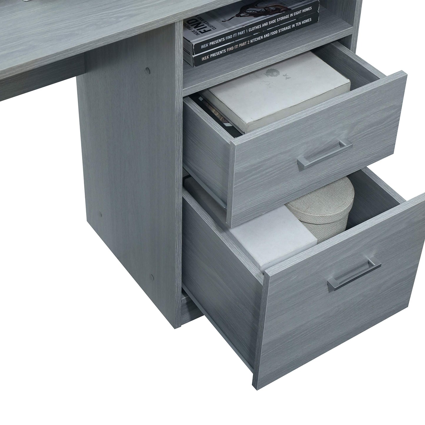 Techni Mobili Functional L-Shaped Computer Desk with storage, L is 59.5" wide x 59.5" Long, Grey