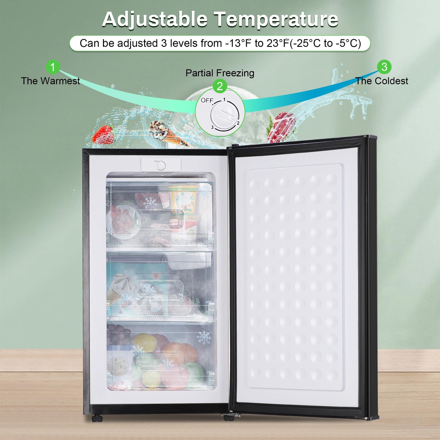Maine Mini Upright freezer, 3.6 Cubic Feet, Single Door Compact Freezer with Reversible Stainless Steel Door, 3-Speed Temperature Adjustment Small freezer for Home/Dorms