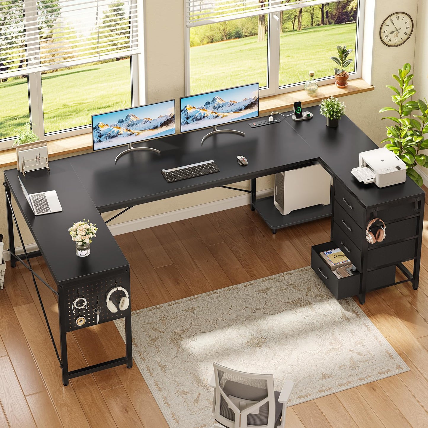 SEDETA 67" U Shaped Desk with 4 Fabric Drawers, Reversible Corner Computer Desk with Power Outlet & CPU Shelf, L Shaped Office Desk with Pegboard for Home Office, Black