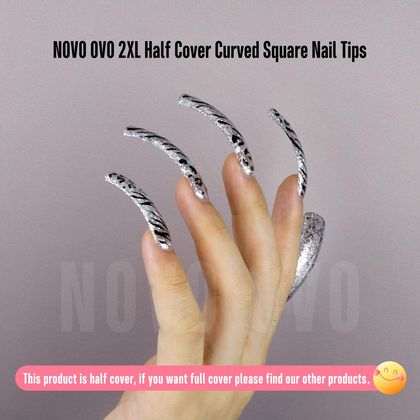 NOVO OVO Half Cover XXL Curved Nail Tips, Square Shallow Paste Soft Gel x Long L XL XXXL Hawk Curve Claw 90s' Y2K Fake Nails Extension kit, Clear Soft French False Nail for Acrylic 12 Sizes 240pc