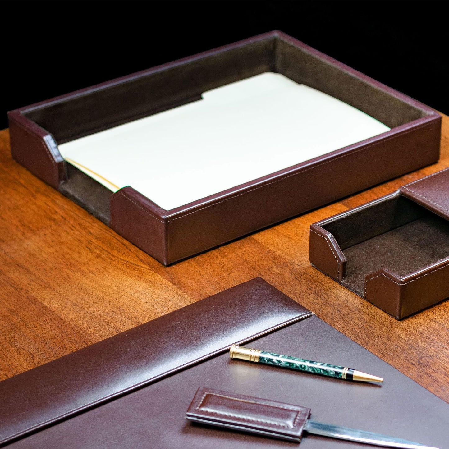 Dacasso Dark Brown Bonded Leather Luxury Letter Tray Holder - Paper Organizer for Desktop Office Essentials & Executive Desk Decor