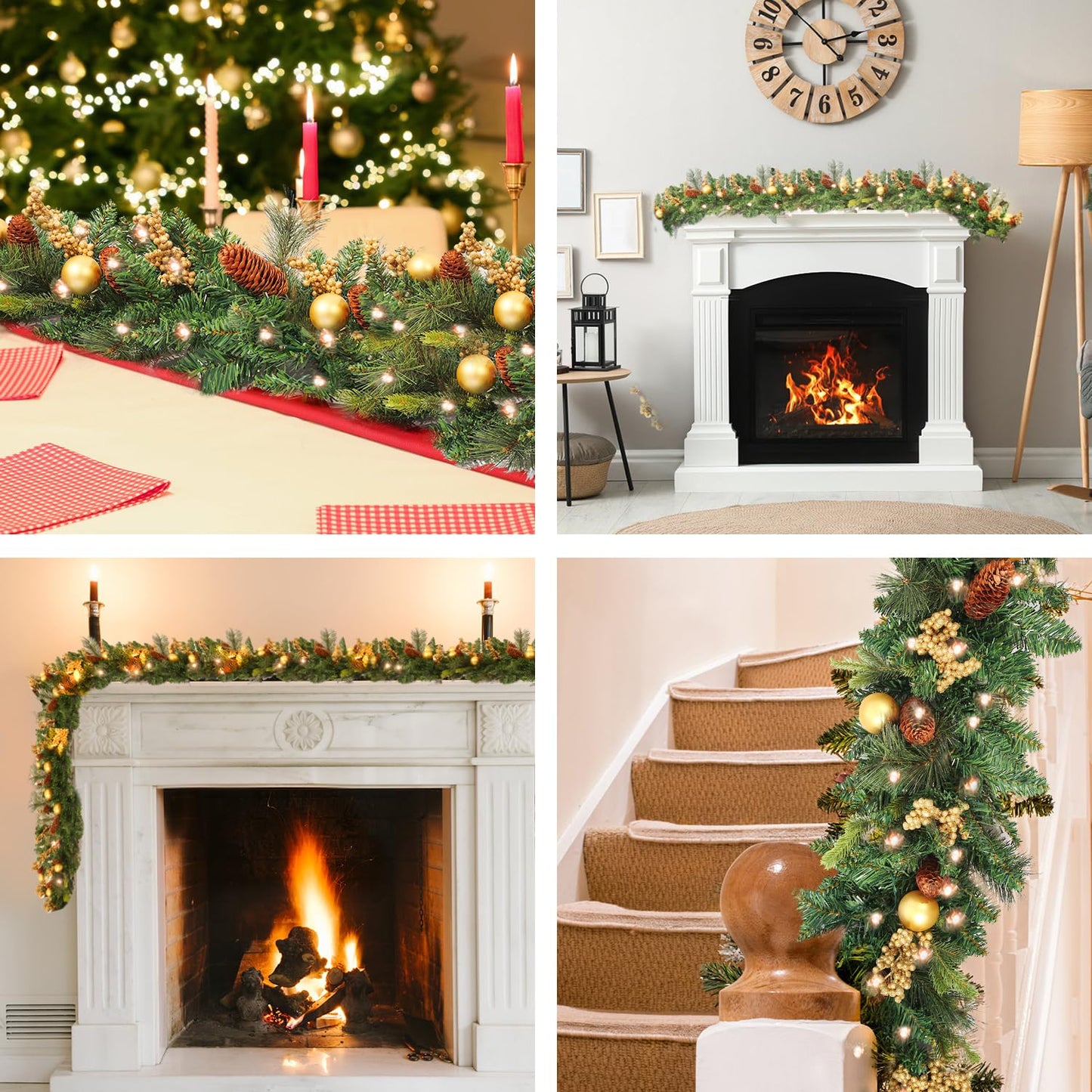 9 FT Prelit Christmas Garland Battery Operated with 50 Warm Lights, Xmas Garland Greenery Outdoor with Pine Cones and Timer, Front Door Mantle Garland Christmas Holiday Decoration Indoor