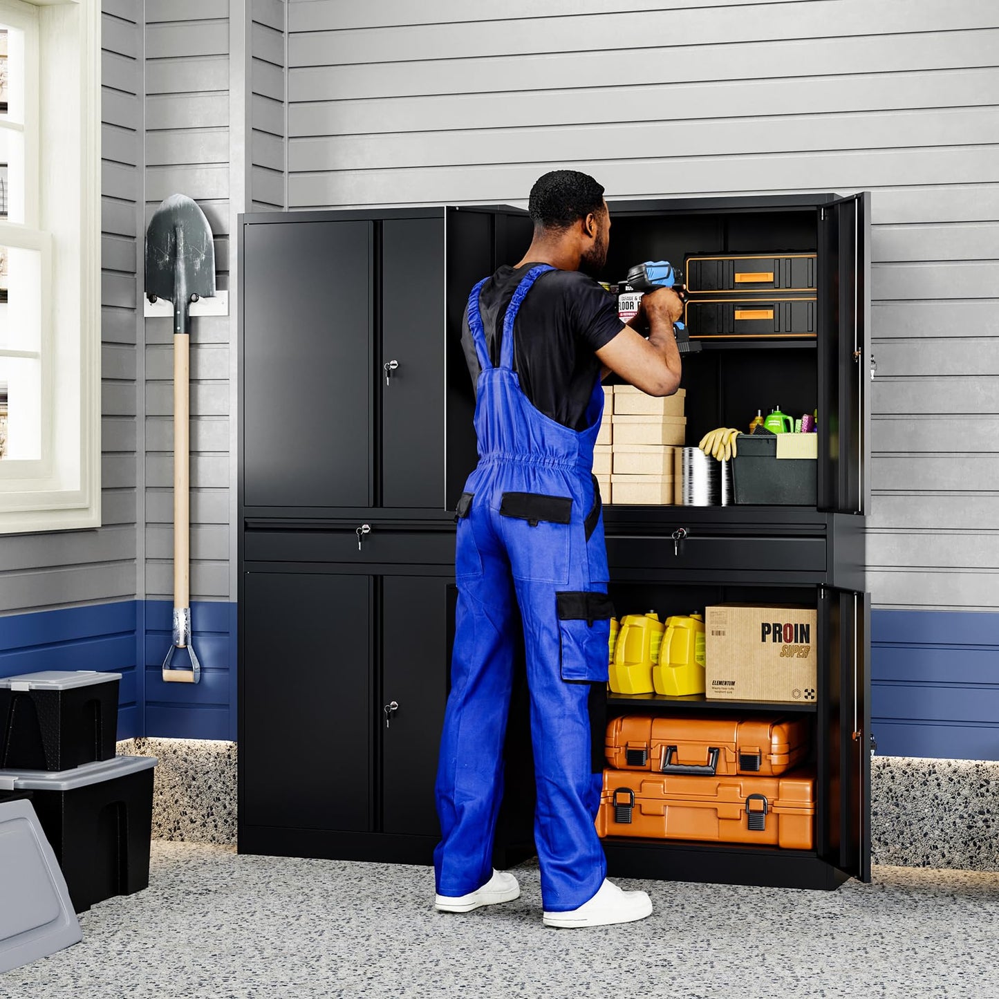 Yizosh Metal Garage Storage Cabinet with Locking Doors and Adjustable Shelves, 71" Tool Storage Cabinet with 1 Drawer for Garage,Warehouse (Black)