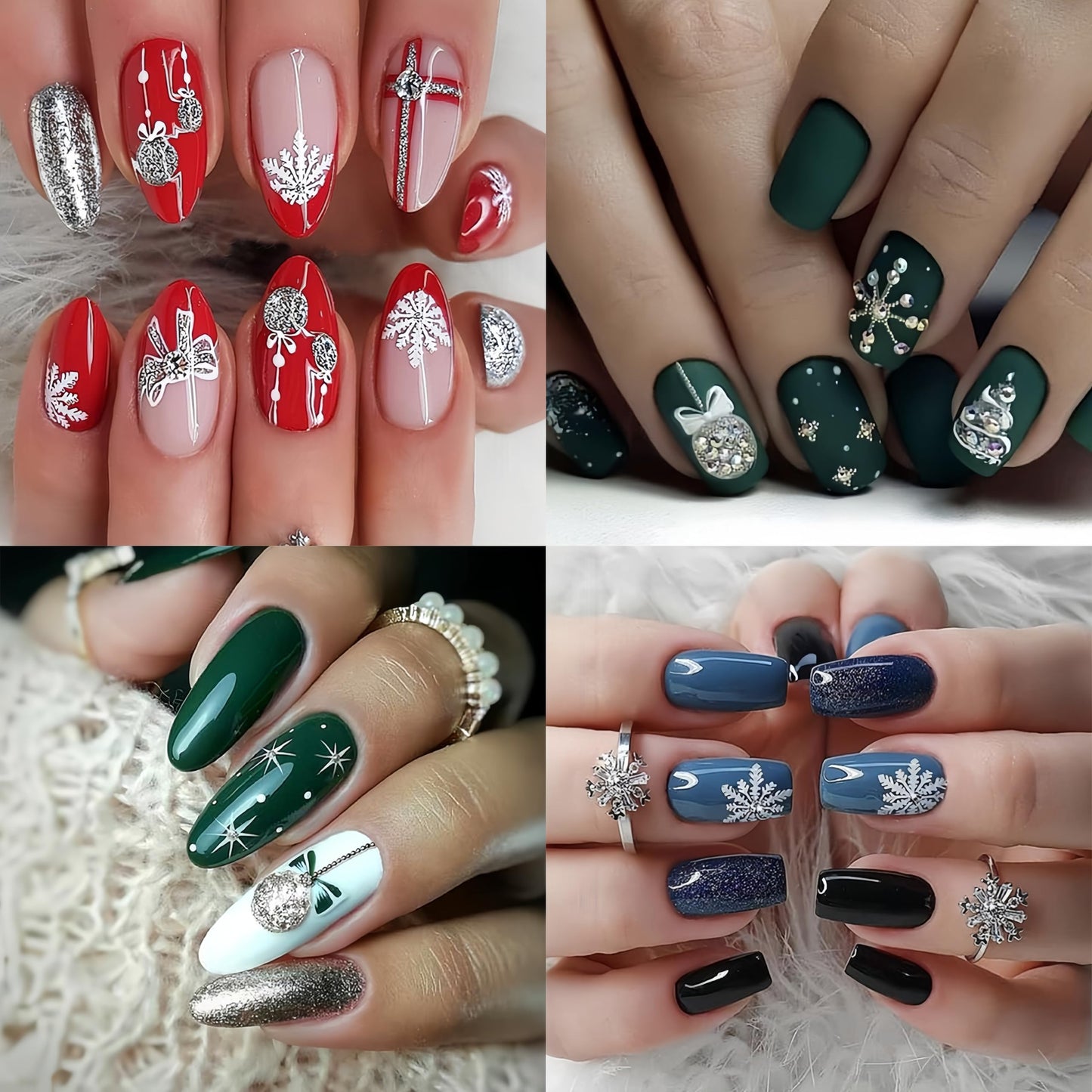 8 Christmas Nail Art Stickers Green French Snowflake Christmas Tree Elk Decal Stickers Silver Glitter Bell Bowknot Winter Design Suitable for Ladies Girls DIY Nail Art Decoration
