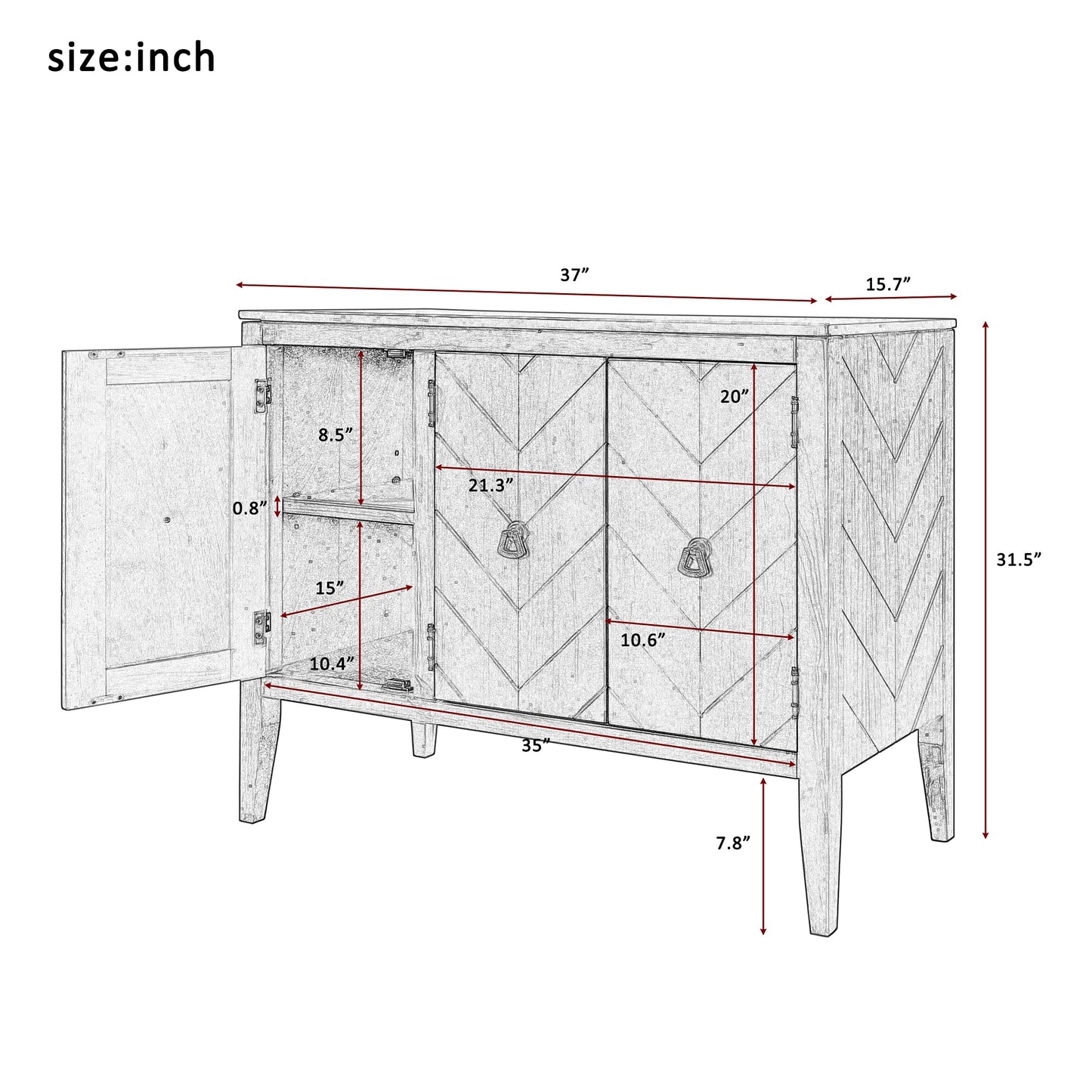 Merax Country Style Shelf Storage Sideboard Buffet Cabinet with 3 Retro Metal Handles and 4 Pinewood Legs,37.0" Elegant Entryway Table for Entryway, Living Room,Study Room,Dining Room,Grey