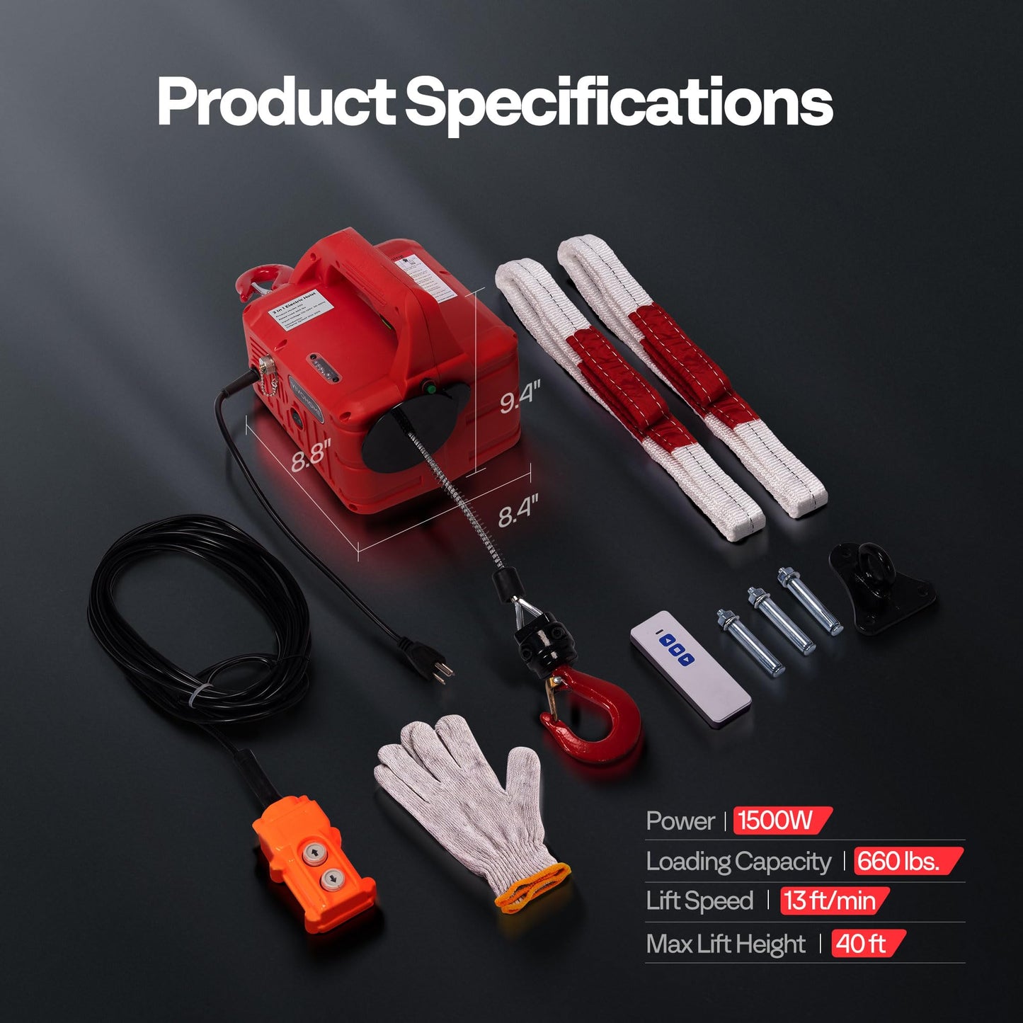 VIVOHOME 3-in-1 Electric Hoist Winch 660lbs, 110V Portable Power Winch Crane with Wire and Wireless Remote Control, 40ft Lifting Height for Towing, Overload Protection for Garage, Factory, Warehouse