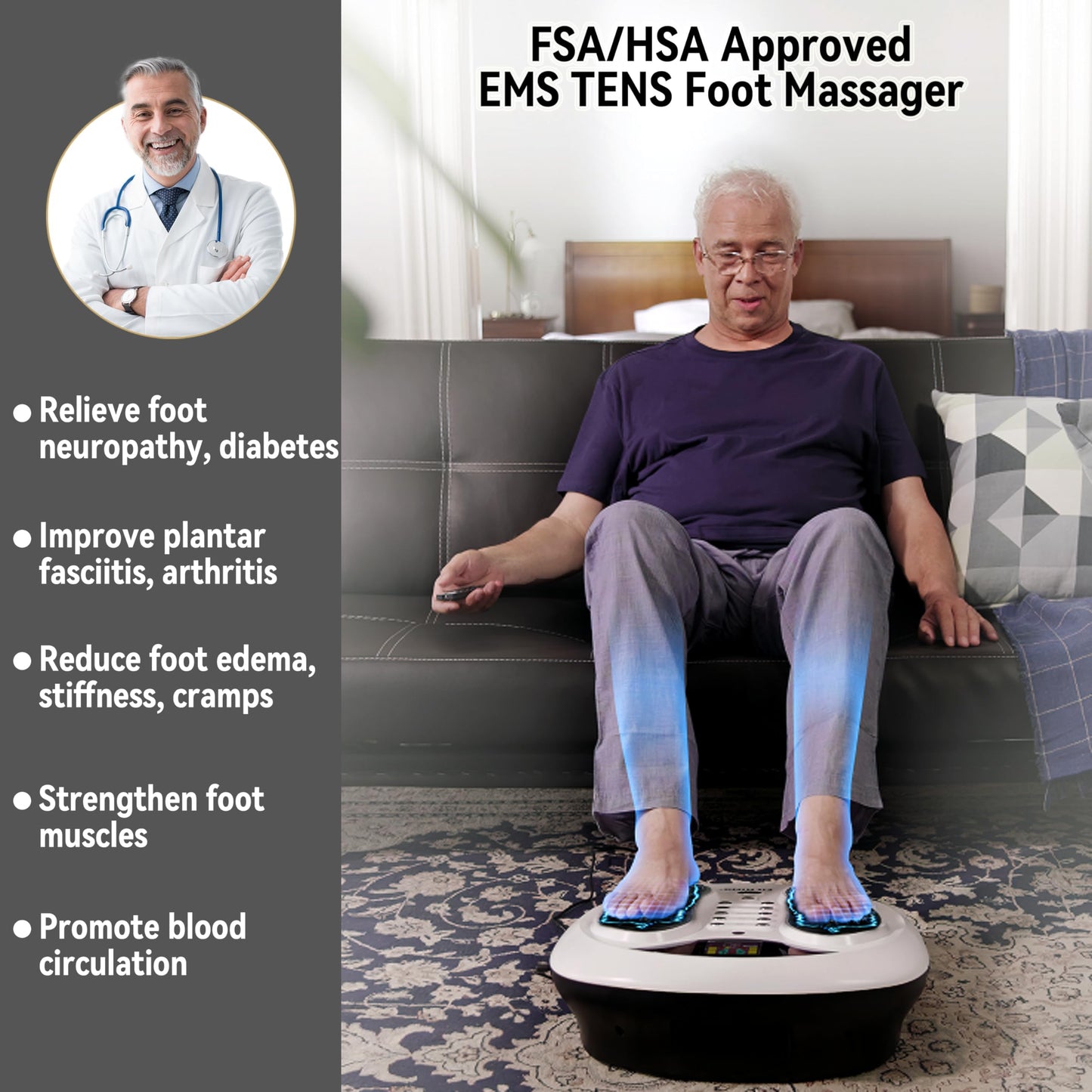 FIT KING Neuropathy Pain Relief for Feet Massager, EMS Foot Massager for Neuropathy with TENS Pads, Foot Circulation Stimulator for Plantar Fasciitis, Diabetes Feet Pain Relief