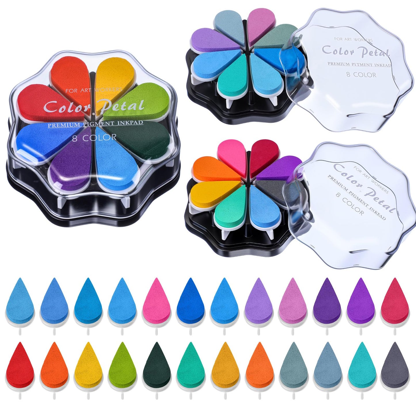Jetec 3 Pack Petal Ink Pads Finger Ink Stamp, Rainbow Rubber Stamps Washable Waterdrop Shaped Stamp Pads for Card Making, Scrapbook, Painting(Classic 24 Colors,3 Packs)