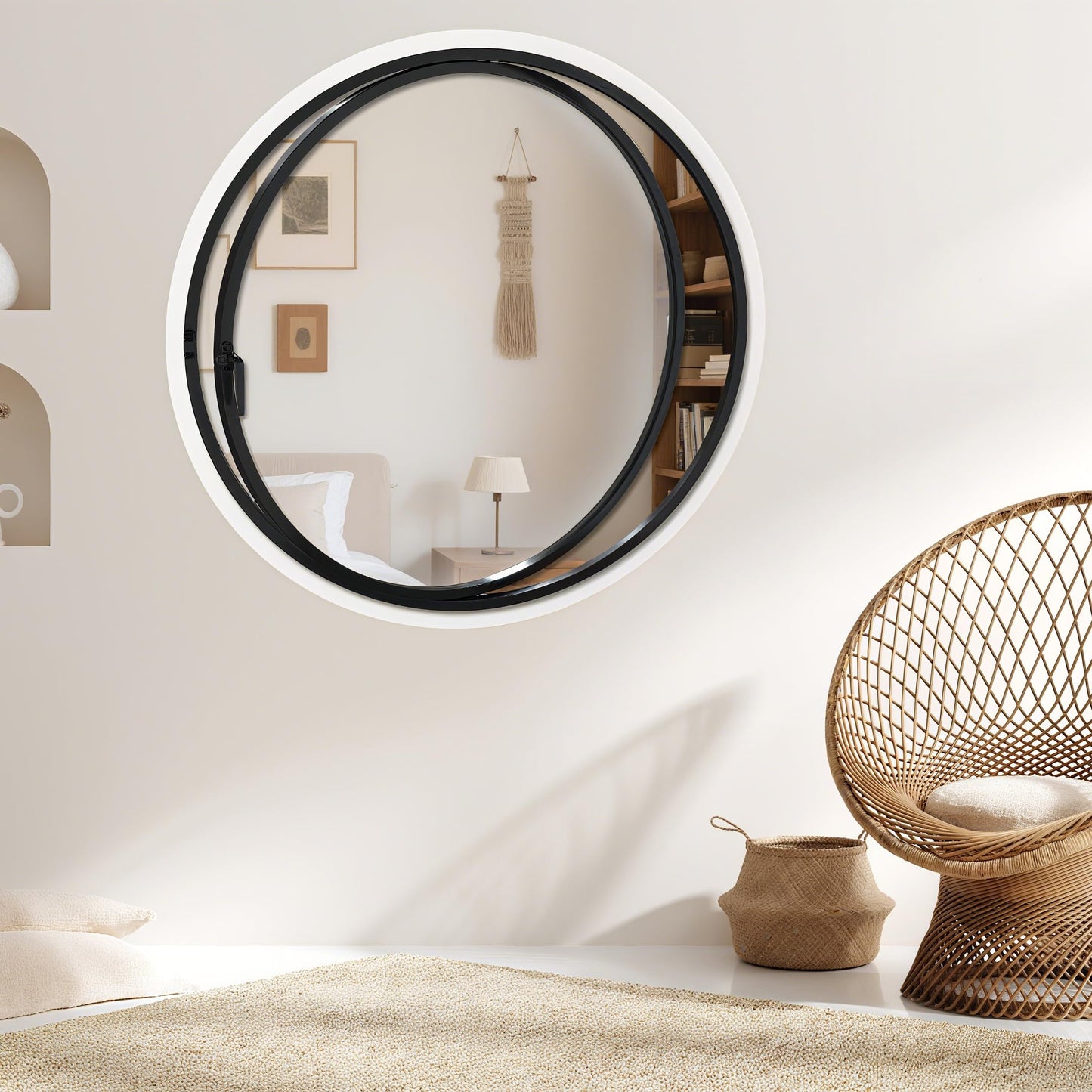 360° Rotating Round Window, 23.6" Flush Mount Tempered Glass Porthole Window, Metal Pivot Casement Window with Handle, Home Indoor Ventilation Windows Replacement for Kitchen Bedroom Living Room