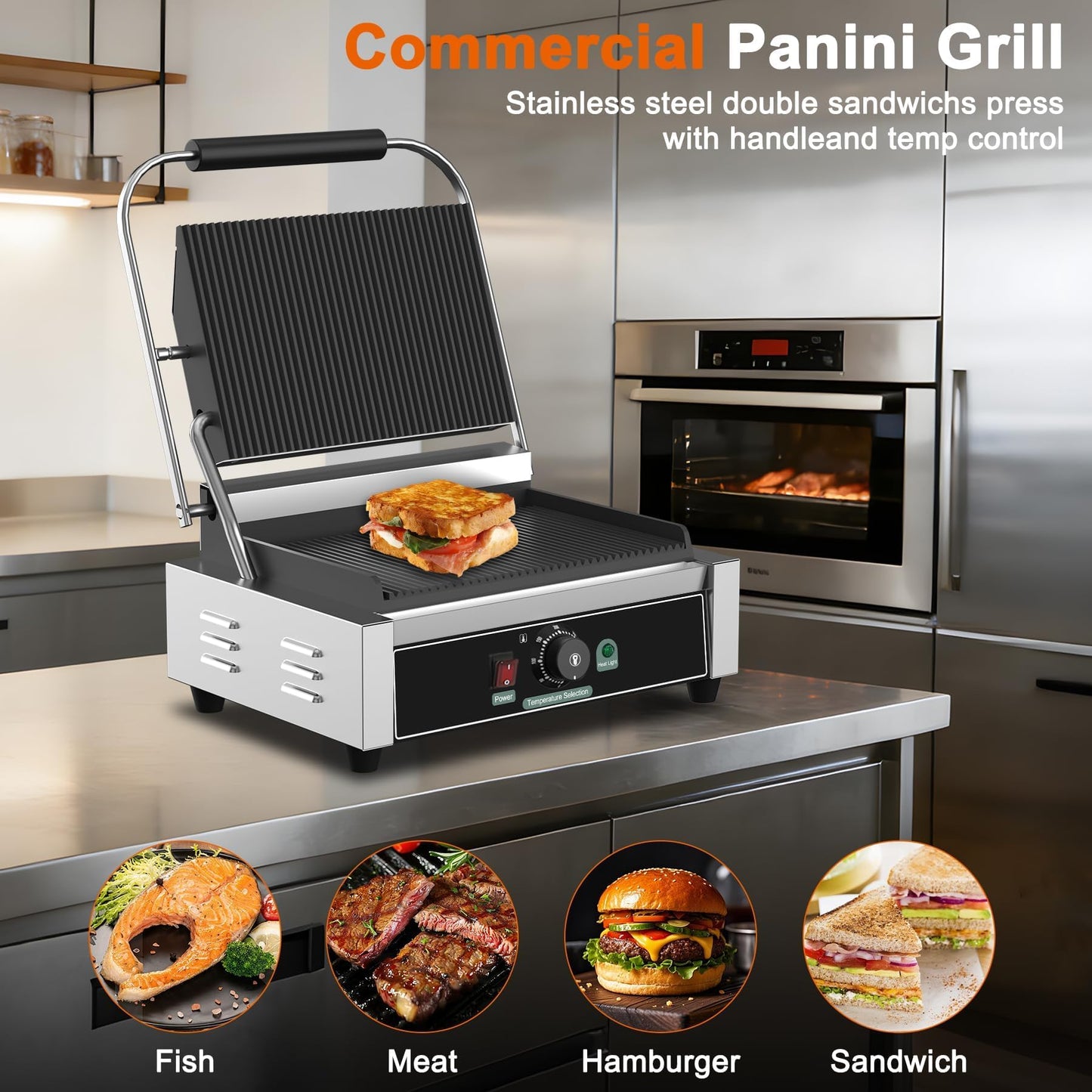 Culistra Commercial Panini Grill, 1700W Electric Sandwich Panini Maker, 50-300℃(120-570℉), Stainless Steel Sandwich Press Grill, for Catering, Restaurant, Snack Stand, CE Certified
