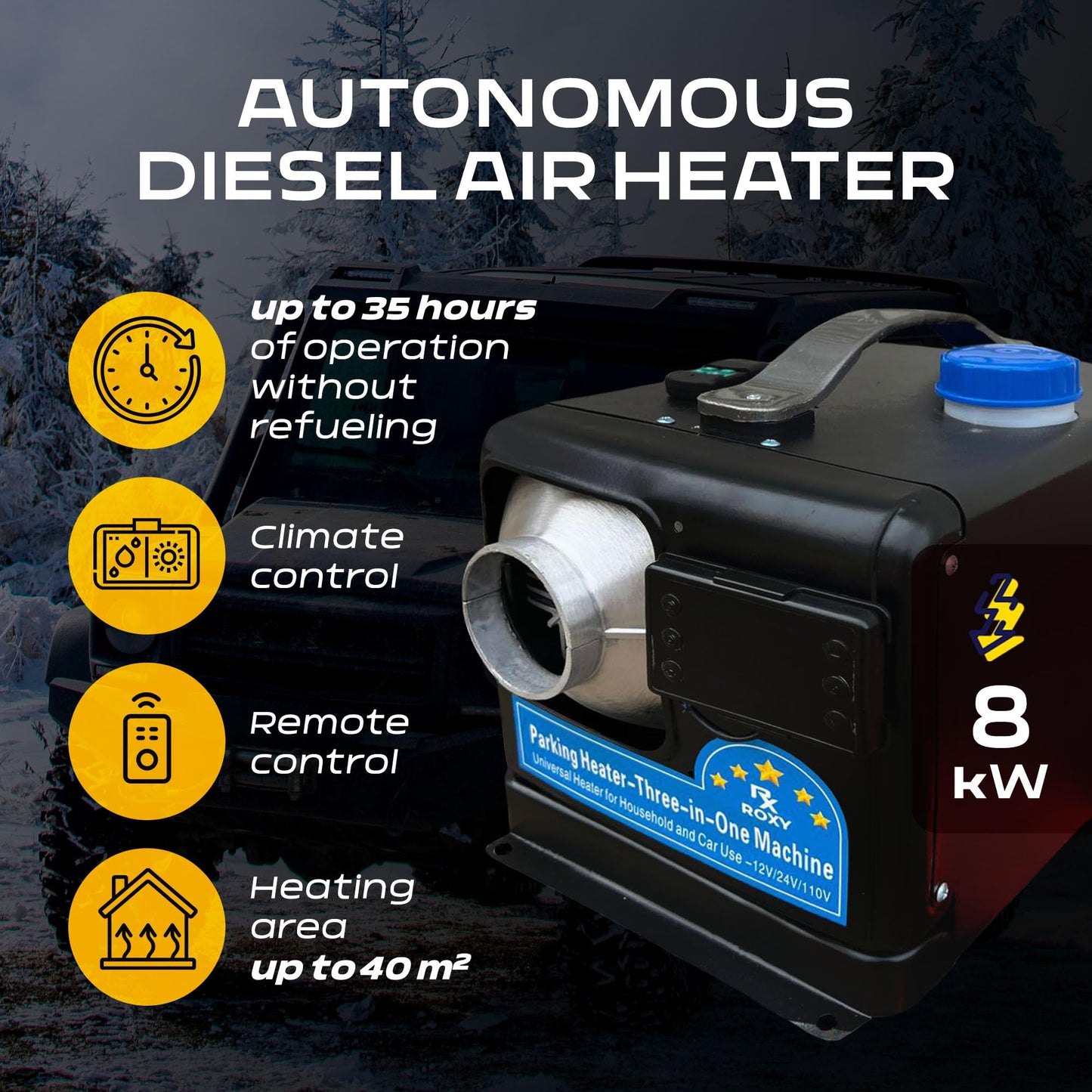 8000W Compact Diesel Air Heater 12V/24V/110V All-in-One Heating Unit with LCD Controller | Portable Camper Van Truck RV Heater with 5L Tank for Winter Camping, Garage, Workshop, Small Spaces | Black