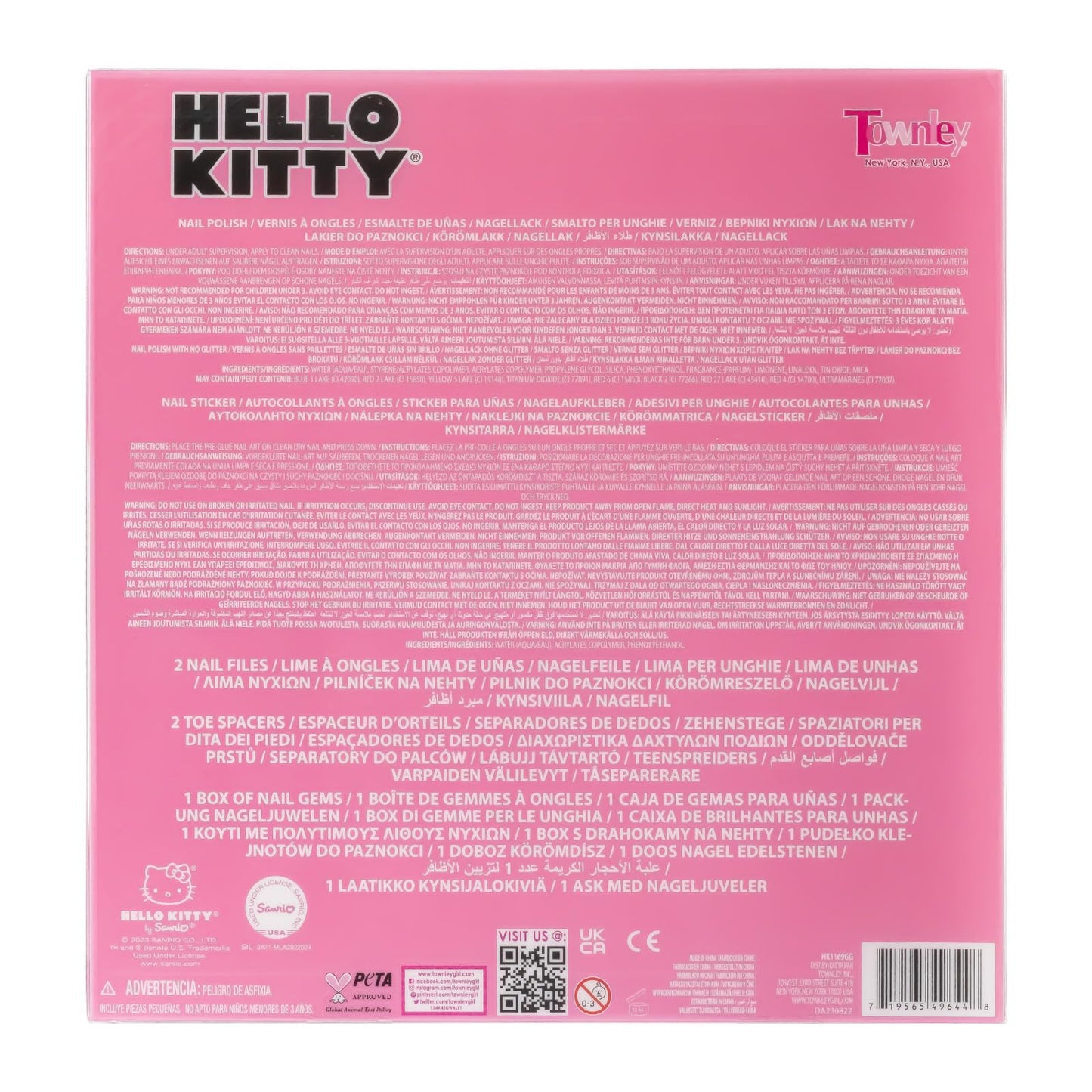 Hello Kitty Water-Based Nail Polish Set, Peel-Off Set with Glittery & Opaque Colors and Nail Accessories for Girls Kids, Perfect for Dress Up, Parties & Makeovers Ages 3+ by Townley Girl