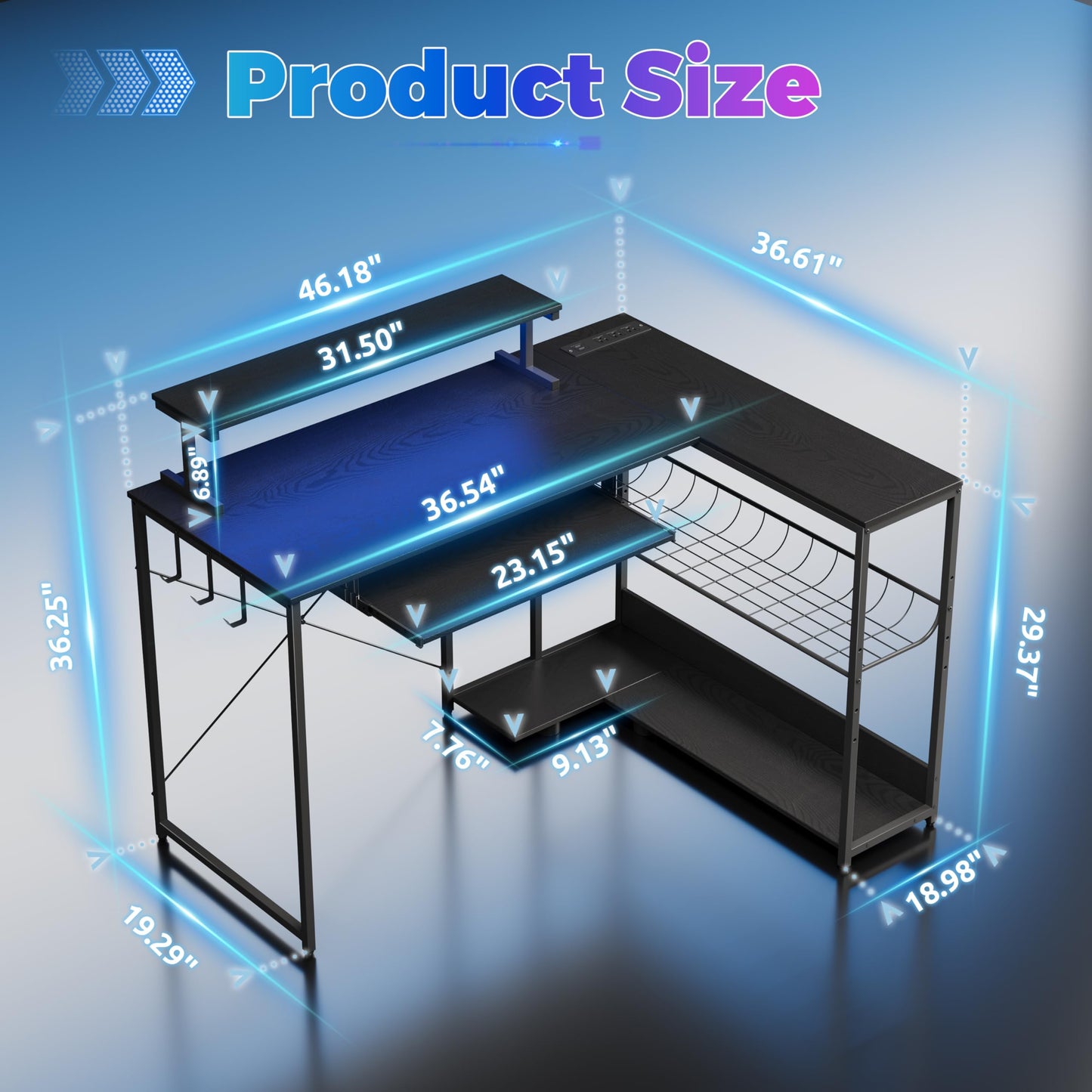BORNOON Computer Desk, L Shaped Gaming Desk with Monitor Stand & Storage Shelf & LED Light & USB Power Outlet, Reversible Shelves Corner Table with Keyboard Tray for Gaming, Home Office, Study