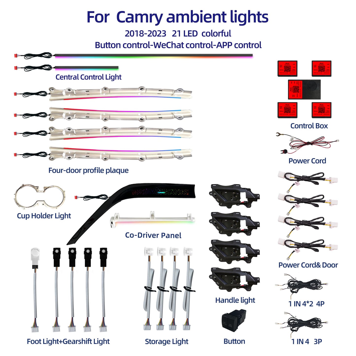18-LED Interior Ambient Lights for Toyota Camry 2018-2023 (8th Gen) - Footwell/Cupholder/Door Panel Lights, 256-Color Wireless Car Ambient Lighting Kits