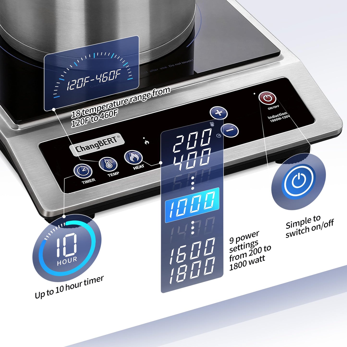 ChangBERT Induction Cooktop, Commercial Grade Portable Cooker, Large 8” Heating Coil, Premium Stainless Steel Countertop Burner with NSF Certified, 10 Hours Timer Powerful 1800W Professional Hot Plate