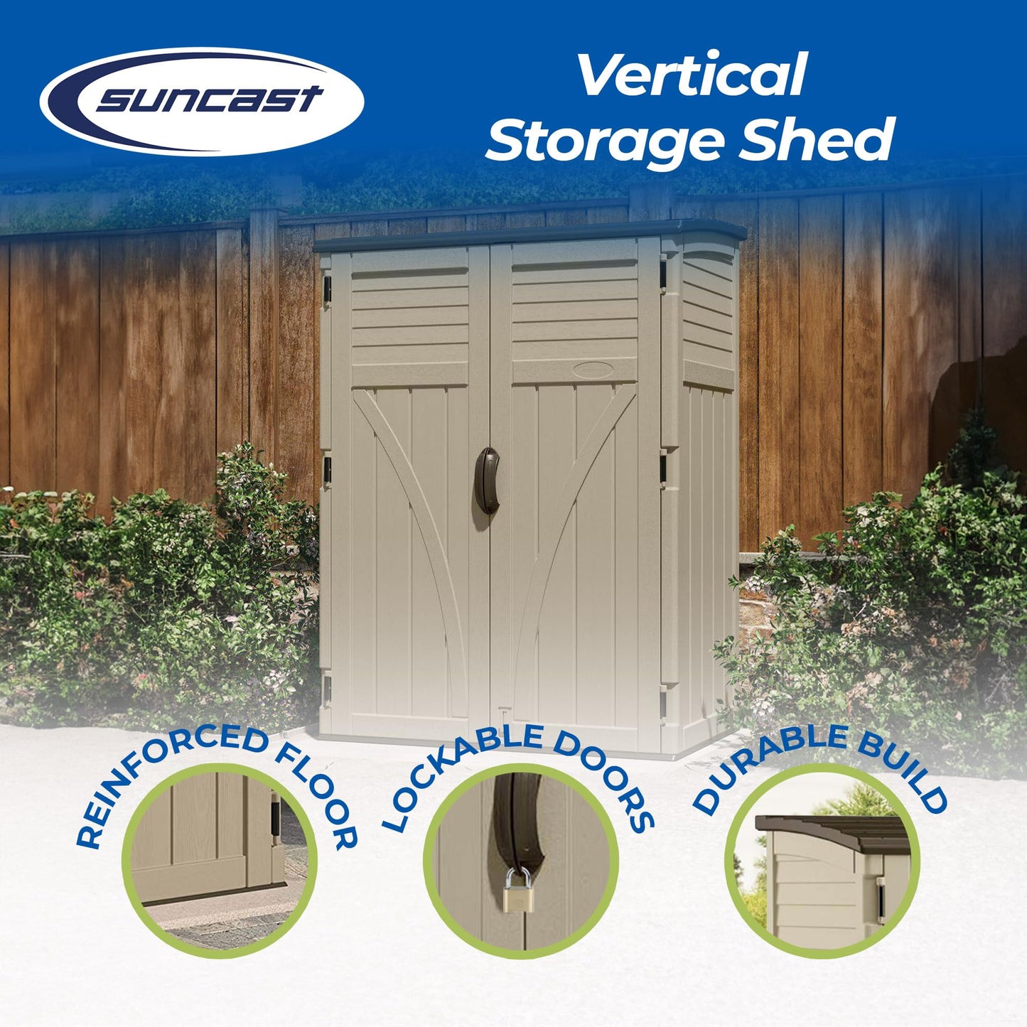 Suncast Outdoor Storage Shed, Water Resistant Resin Vertical Outdoor Storage Cabinet for Patio, Garden Tools, Cushions, & Equipment, Weatherproof Multi-Wall Design, 54 cu. ft., Made in USA