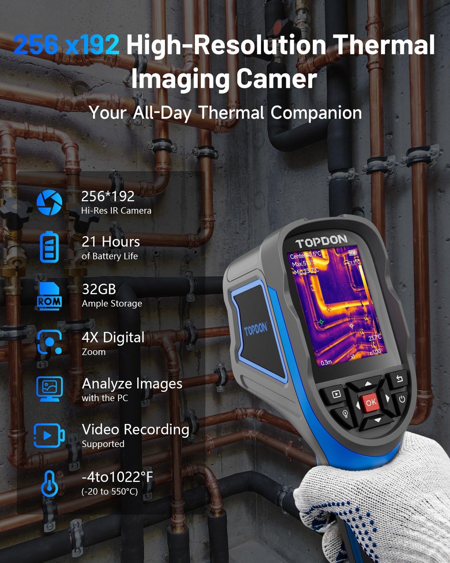 TOPDON Thermal Imaging Camera TC004 SE - 256x192 IR Resolution, 21Hrs Runtime & 32GB Storage with Video Recording, PC Analysis for Electrical/HVAC/Building Inspection