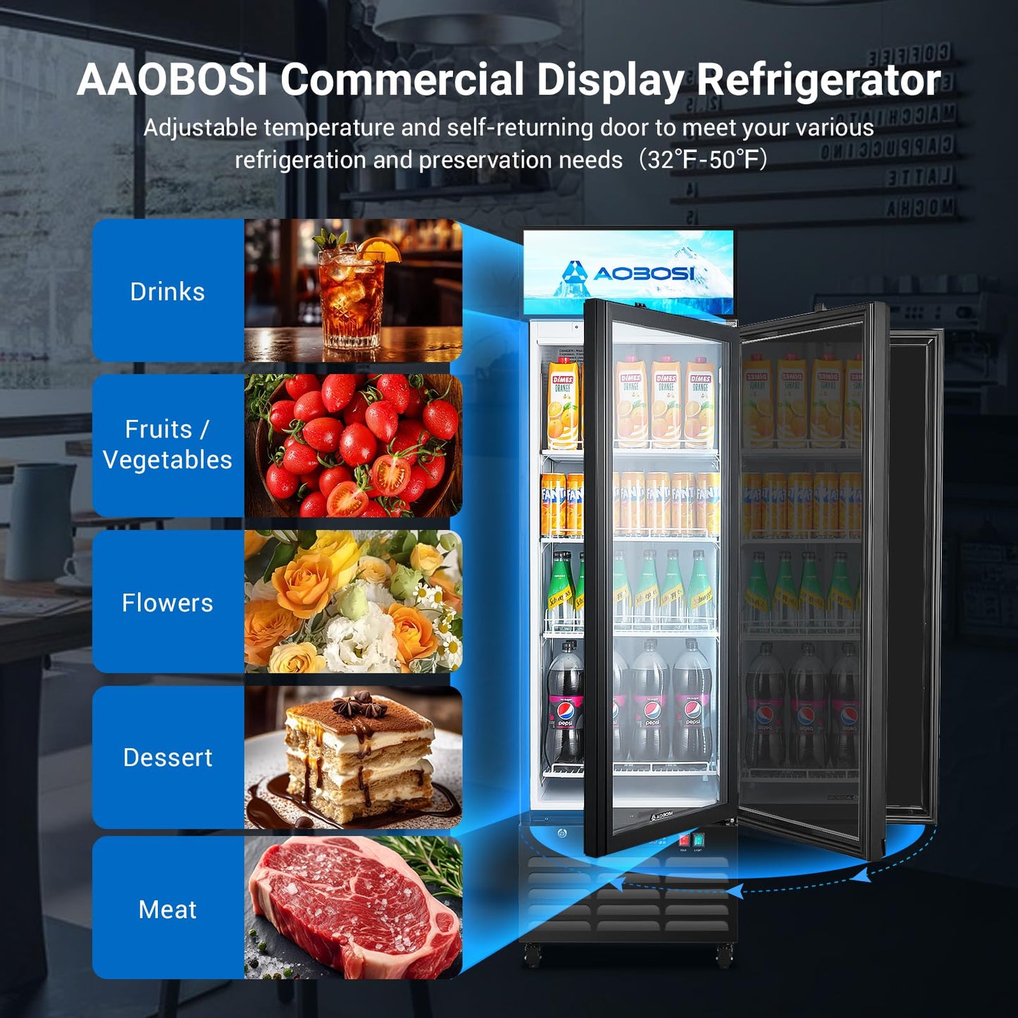 AAOBOSI Commercial Merchandiser Refrigerator,12.29 Cu.Ft Glass Door Display Refrigerator,Upright Beverage Fridge with Soft LED Light,Customizable Lightbox,Universal Casters, Adjustable Shelves