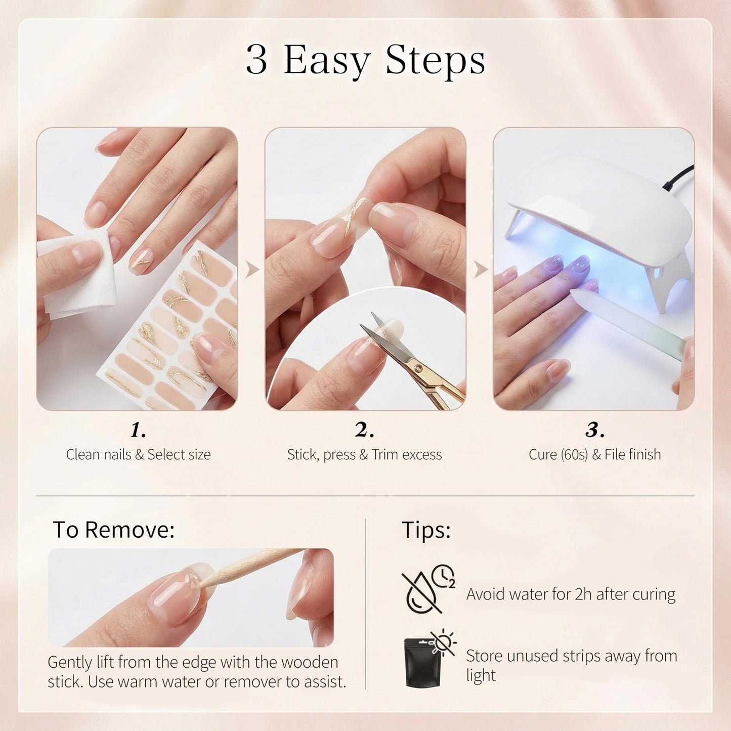 Sun&Beam Nails Nail Stickers 20pcs | UV-Cured Hard-Type Full Cover Nail Strips(#001 Crystal Snow)