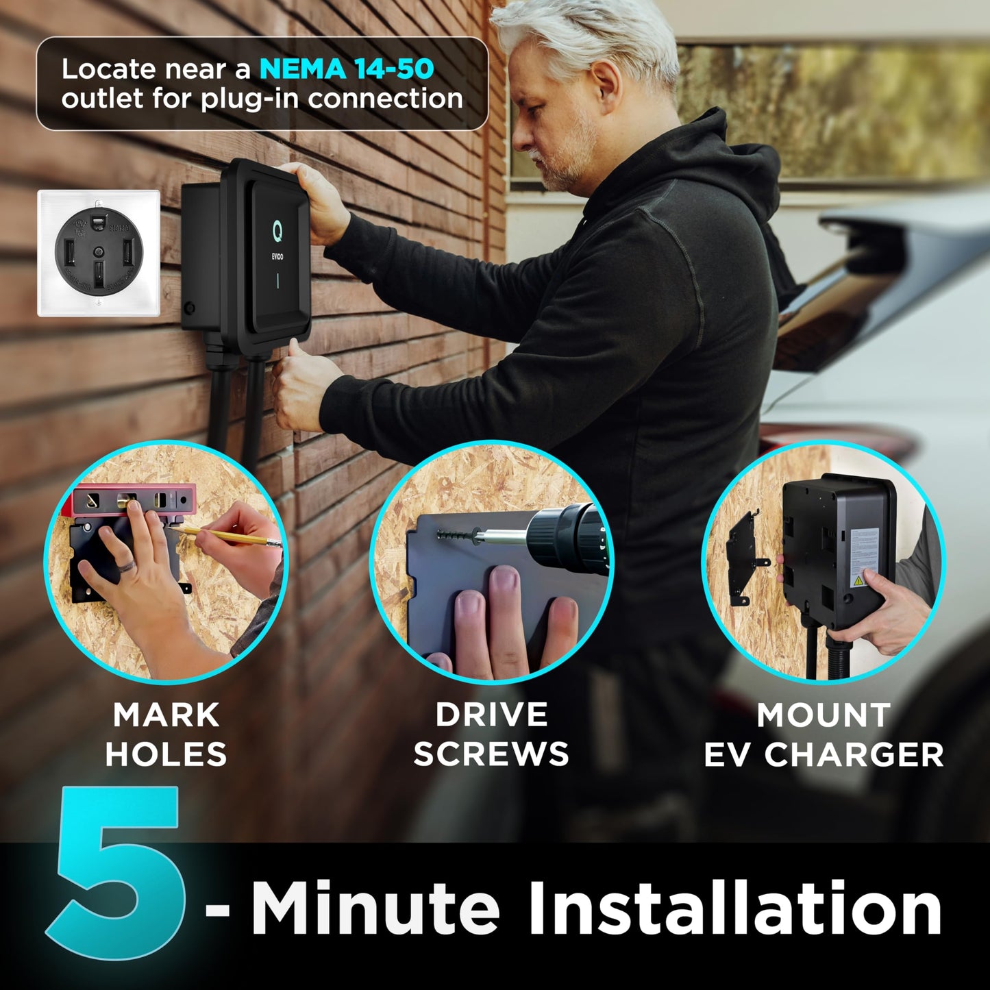 EVIQO Level 2 EV Charger 48 Amps – NEMA 14-50 Plug, J1772 25' Cable, WiFi (2.4 GHz) Smart App - Weatherproof Indoor/Outdoor (IP66,NEMA 4) UL, ETL Certified