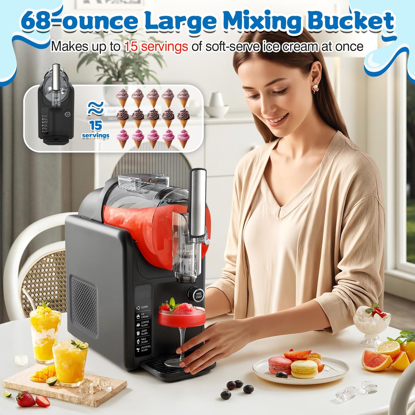 Soft Serve Ice Cream Slushie Machine - 68 oz Slushy Machine for Home, 2-in-1 Soft Ice Cream Maker with 6 Pre-Set Modes, No Ice Needed Frozen Drink Machine for Margarita, Milkshake, Frappés (B2)