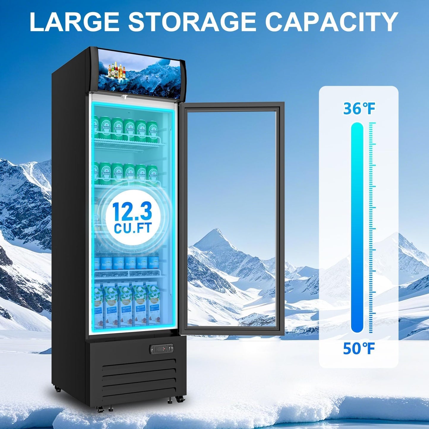 Rockitch Commercial Beverage Refrigerator with 1 Glass Door, 12.3 Cu.ft Commercial Upright Display Merchandiser, Drink Cooler Fridge with LED Light, Lock Wheels for Bar, Shop, ETL Approved