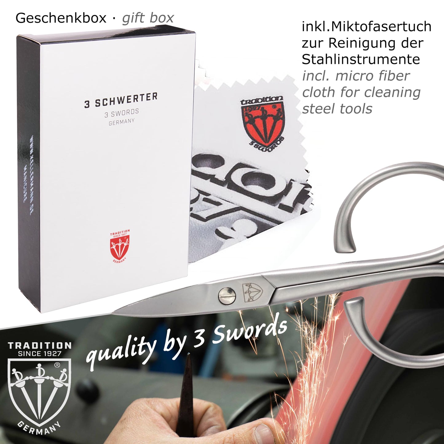 3 Swords Germany - brand quality 3 piece stainless steel INOX manicure pedicure grooming kit set for professional finger & toe nail care scissors file tweezers genuine leather case in gift box (03881)