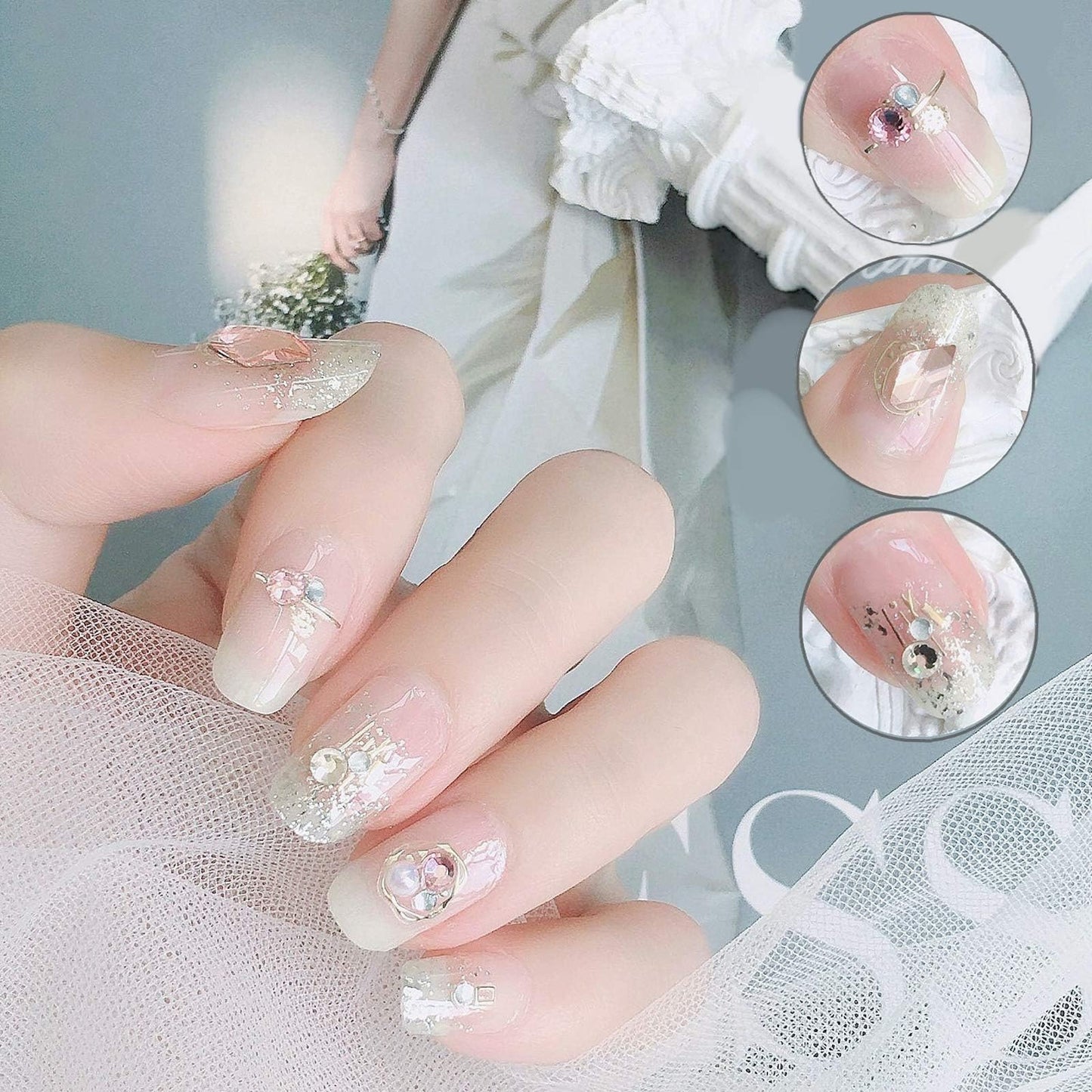 8 Sheets 3D Nail Art Stickers Diamond Heart Round Luxury Self-Adhesive Nail Decals Rhinestones Heart Design Gold Line Glitter Gems Pink White Purple Blue Colorful