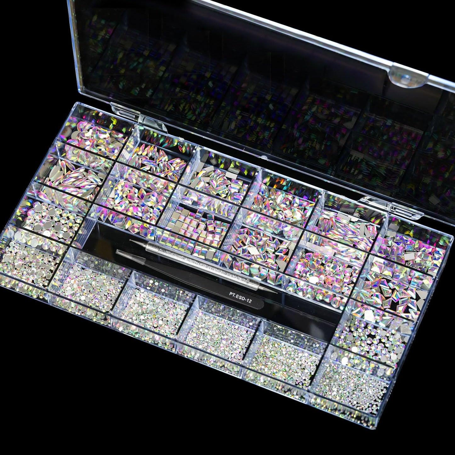Yzzseven 12 Types of 600 Crystal AB Diamonds + 2500 Flat Rhinestones Mix 20 Styles Flatback DIY Crafts Rhinestone Crystals 3D Ornaments Flat Back Stones Set + Tweezers + Drill Pen
