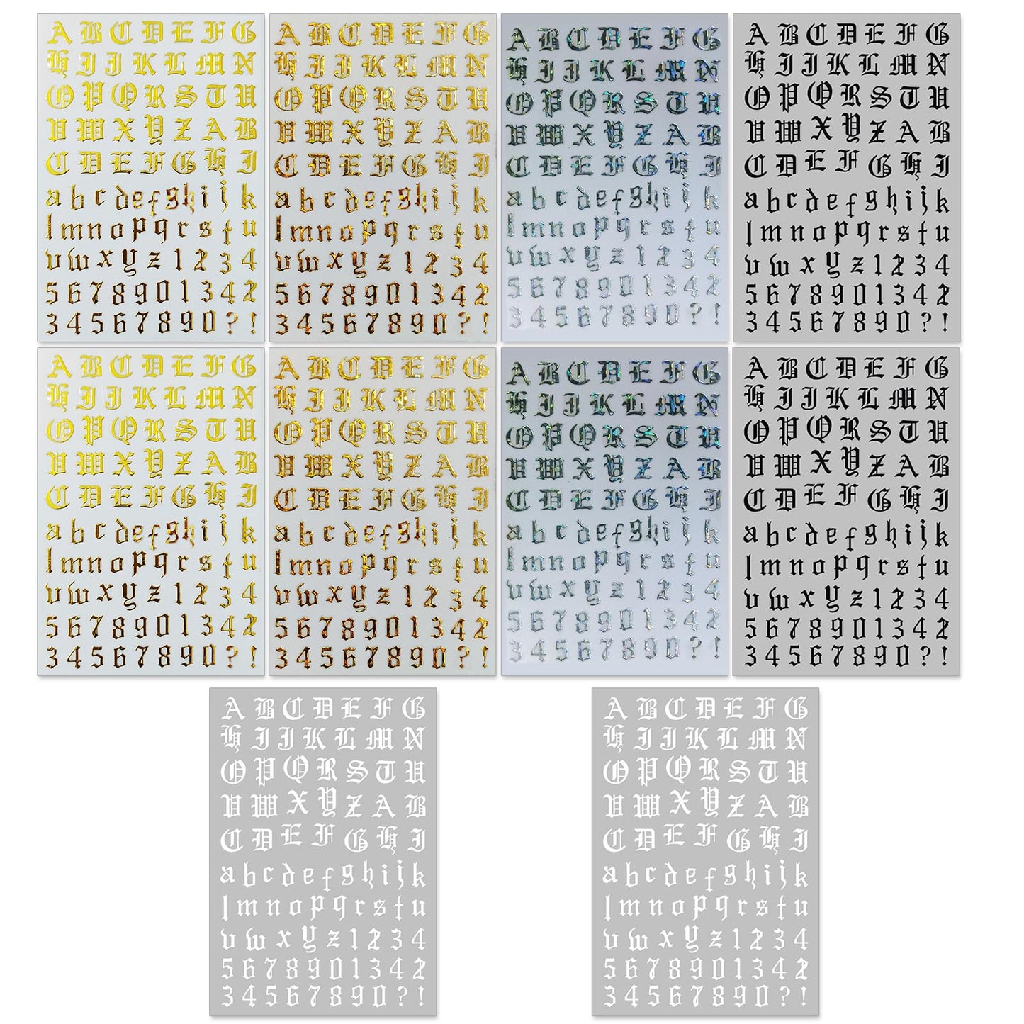 IDDFEVE 10 Sheets Letter Nail Art Stickers - 3D Old English Alphabet Number Nail Decals for DIY Acrylic Manicure Nail Decorations