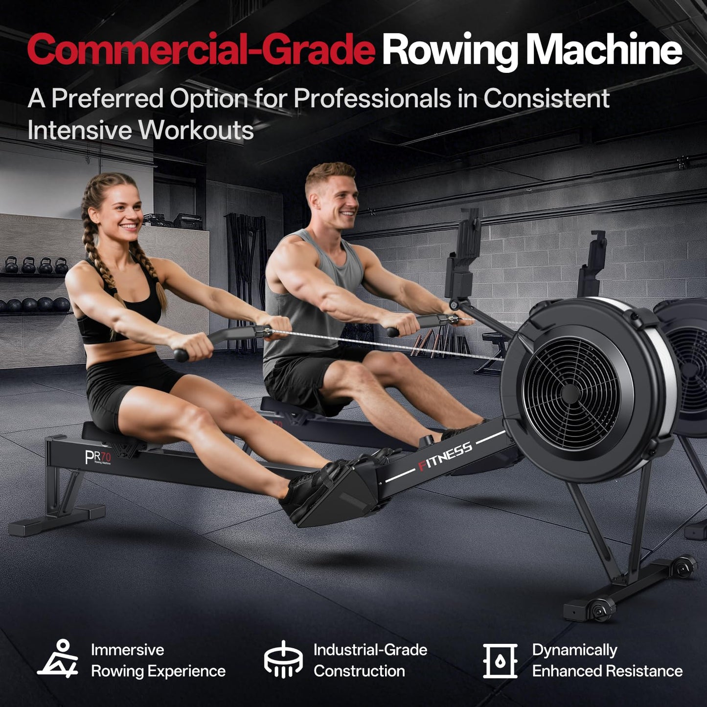 PASYOU Air Rowing Machine for Home,10-Level Resistance 350lb Load Rower Machine,Foldable Row Machines Commercial with 47in Rail and Bluetooth Backlit Monitor, Adjustable Tablet Holder PR70