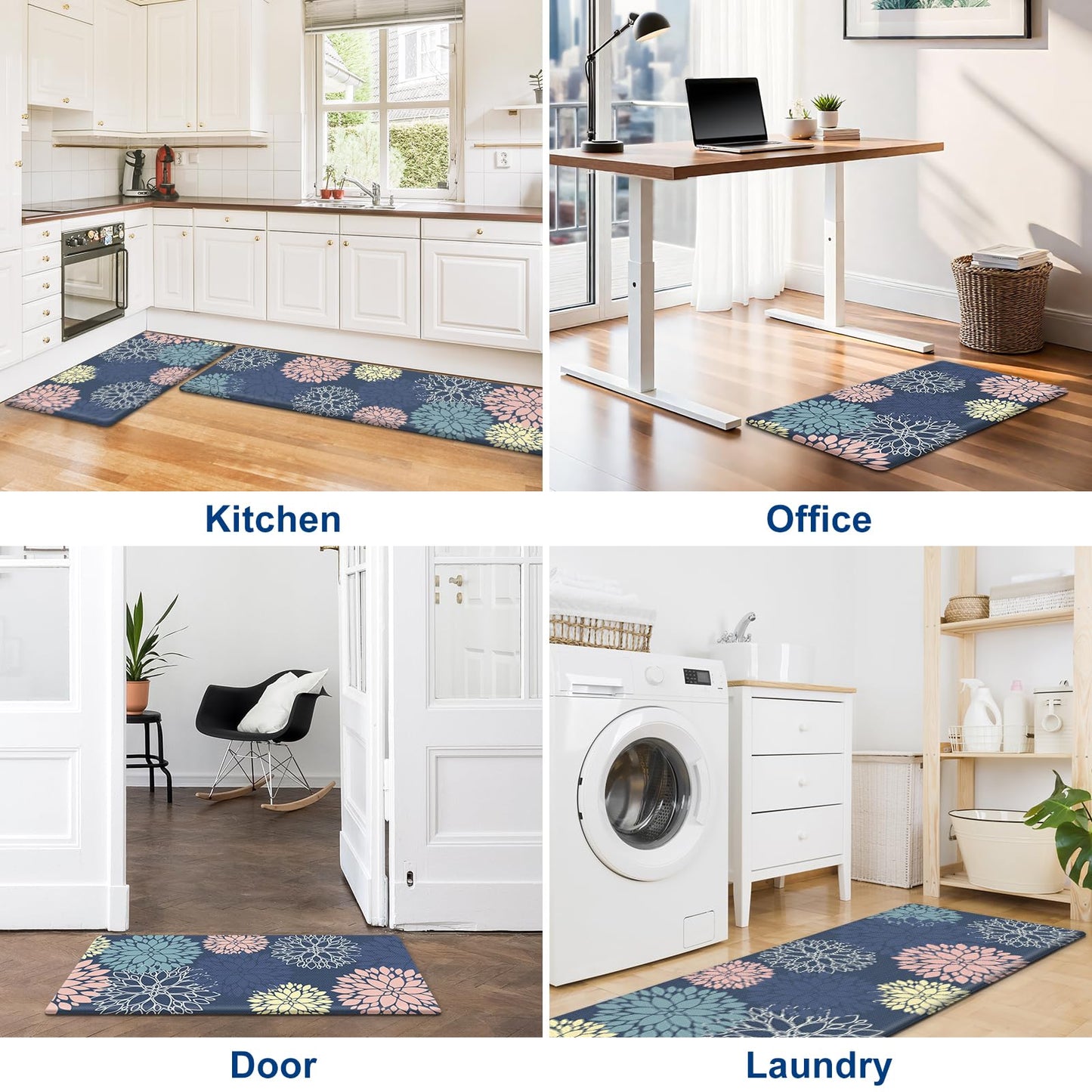 Anti-Fatigue Kitchen Mats Set 2 Piece, StepLively Blue Cushioned Foam Non-Slip Waterproof Standing Mats, Oeko-TEX Certified for Sink, Stove, Office & Laundry (17.3"x30"+17.3"x47")