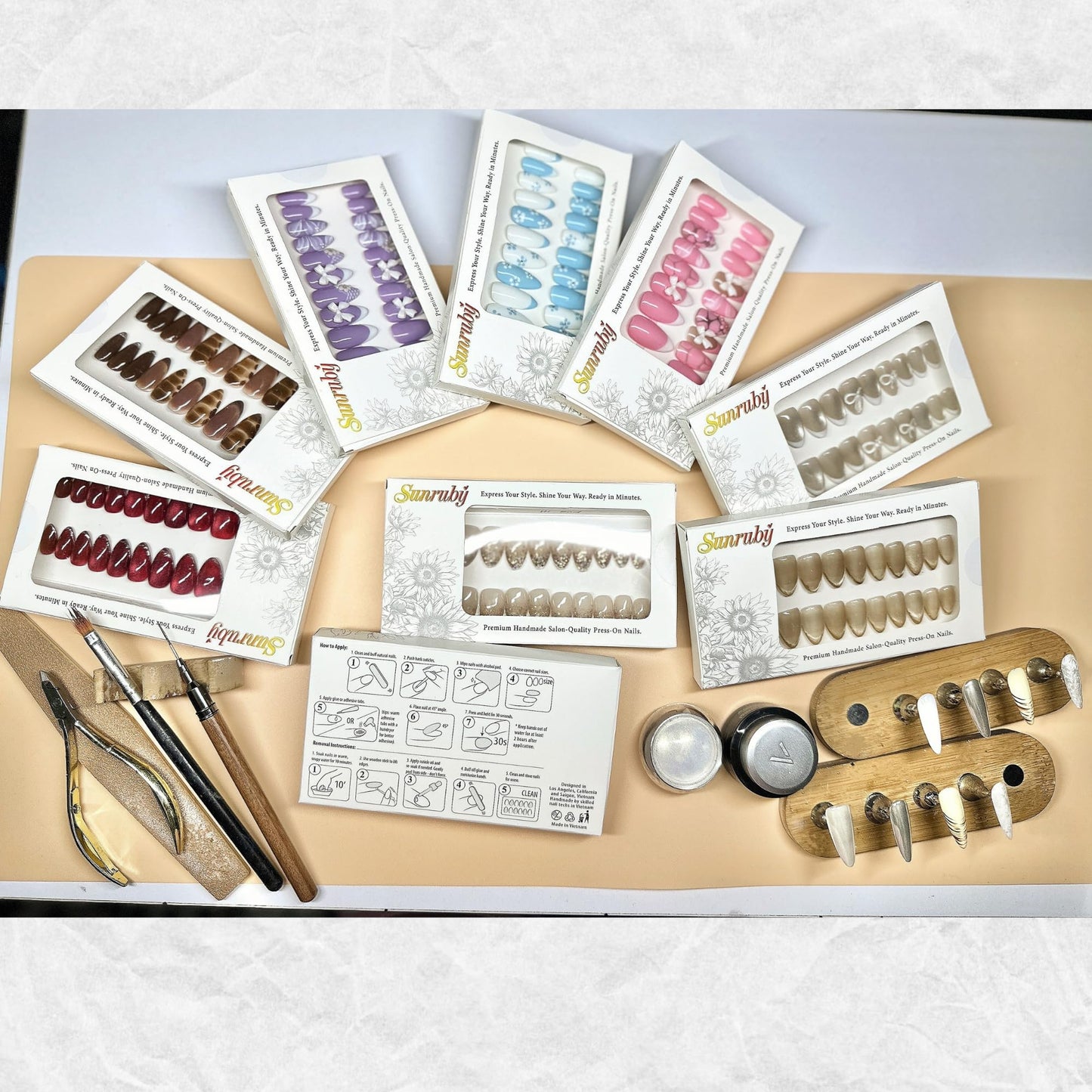 Sunruby Press On Nails Short Almond Jelly Pink Glossy with Gold Glitter Tips. Reusable Soft Gel Nails in 15 Sizes -30 Nail Kit with Glue | Designed in L.A, Handmade in Vietnam | Hi-End