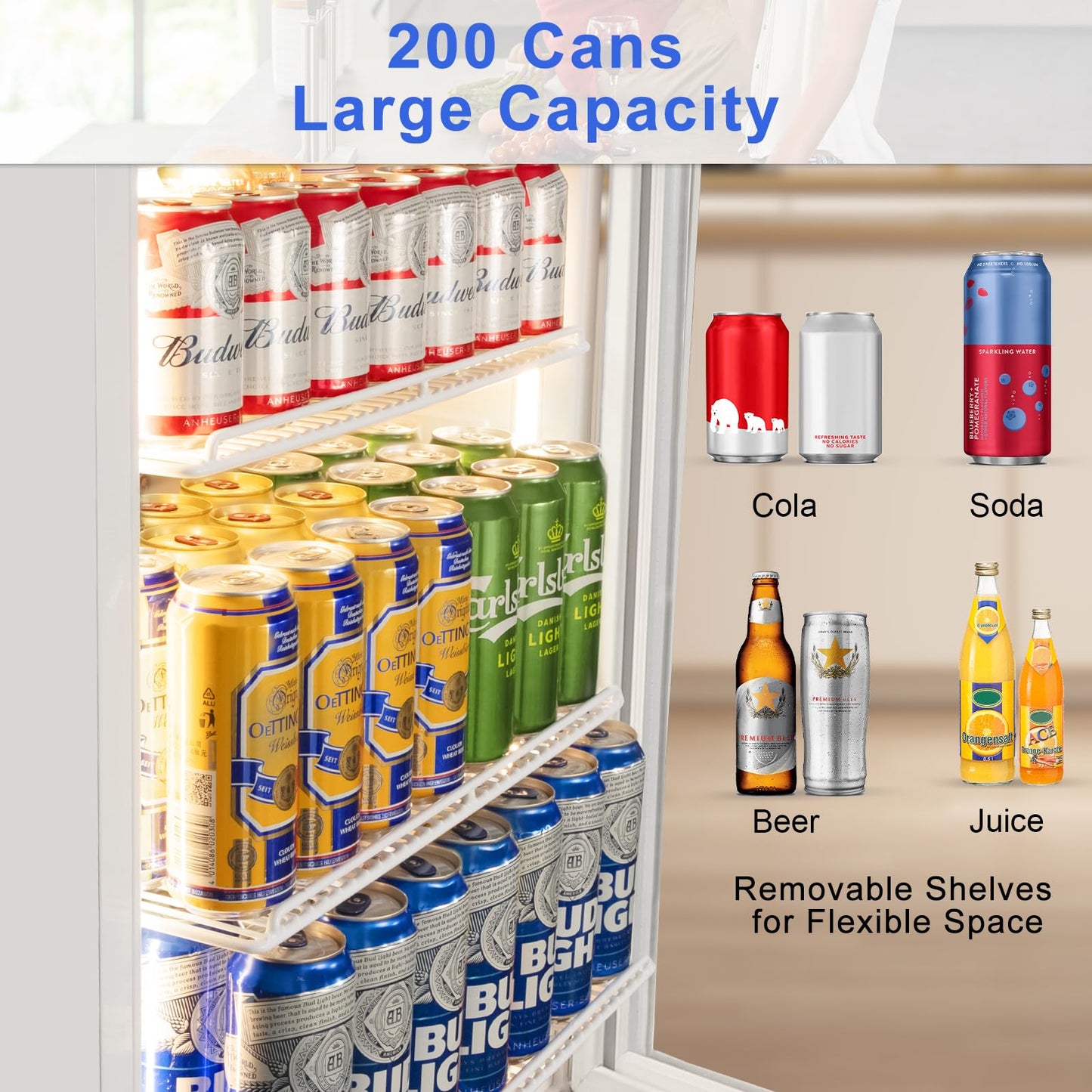 FoMup 24 Inch Beverage Refrigerator with Glass Door, Undercounter Beverage Fridge 200 Cans Large Capacity, Beverage Cooler for Beer Soda with Reversible Door, Temperature Control, Safety Lock, White