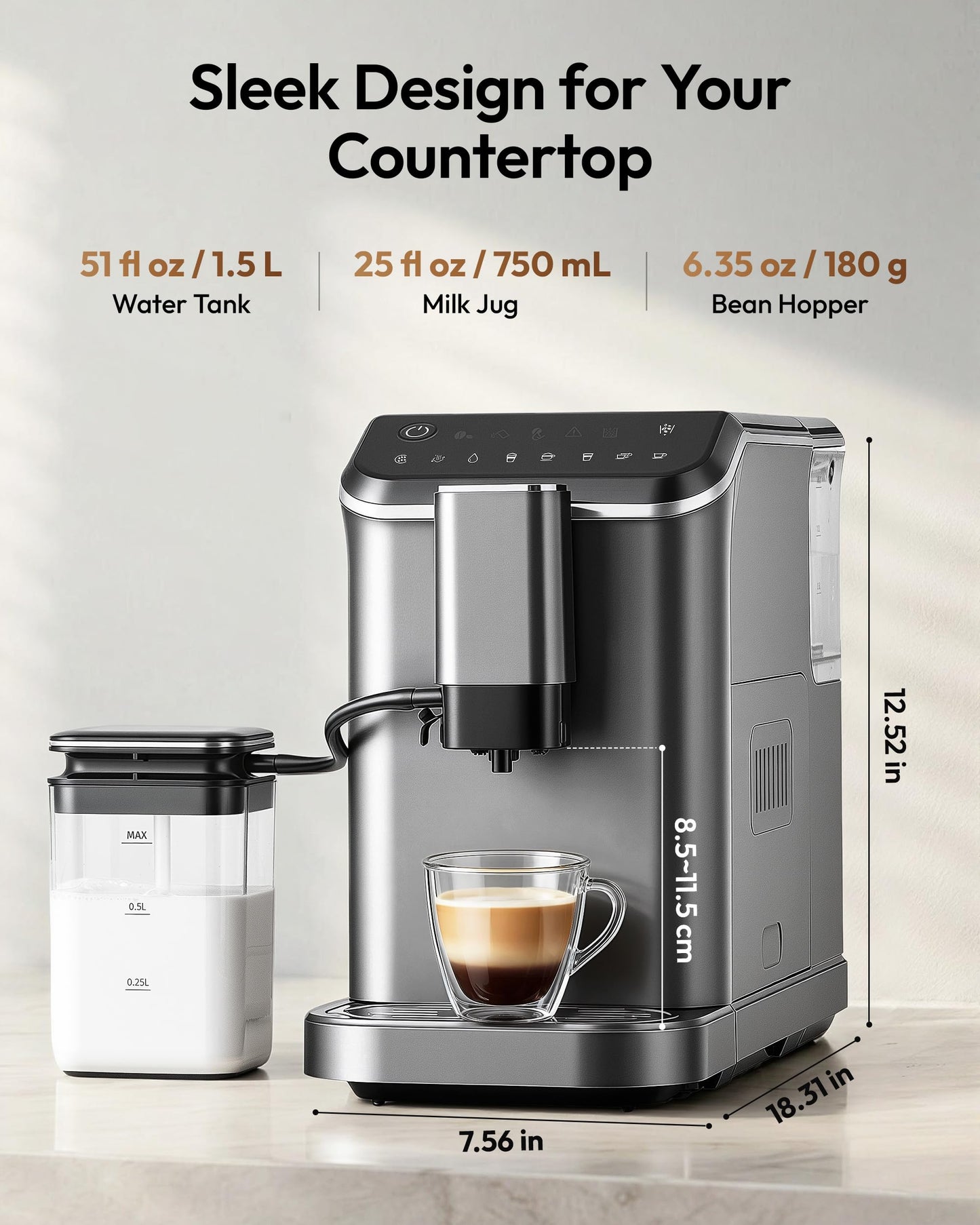 Fully Automatic Espresso Machine, 20 Bar Coffee Maker with Grinder and Integrated Milk Frother, Automatic Espresso Machine with Touch Screen, 15-Grind Settings Coffee Machine for Home, Silver