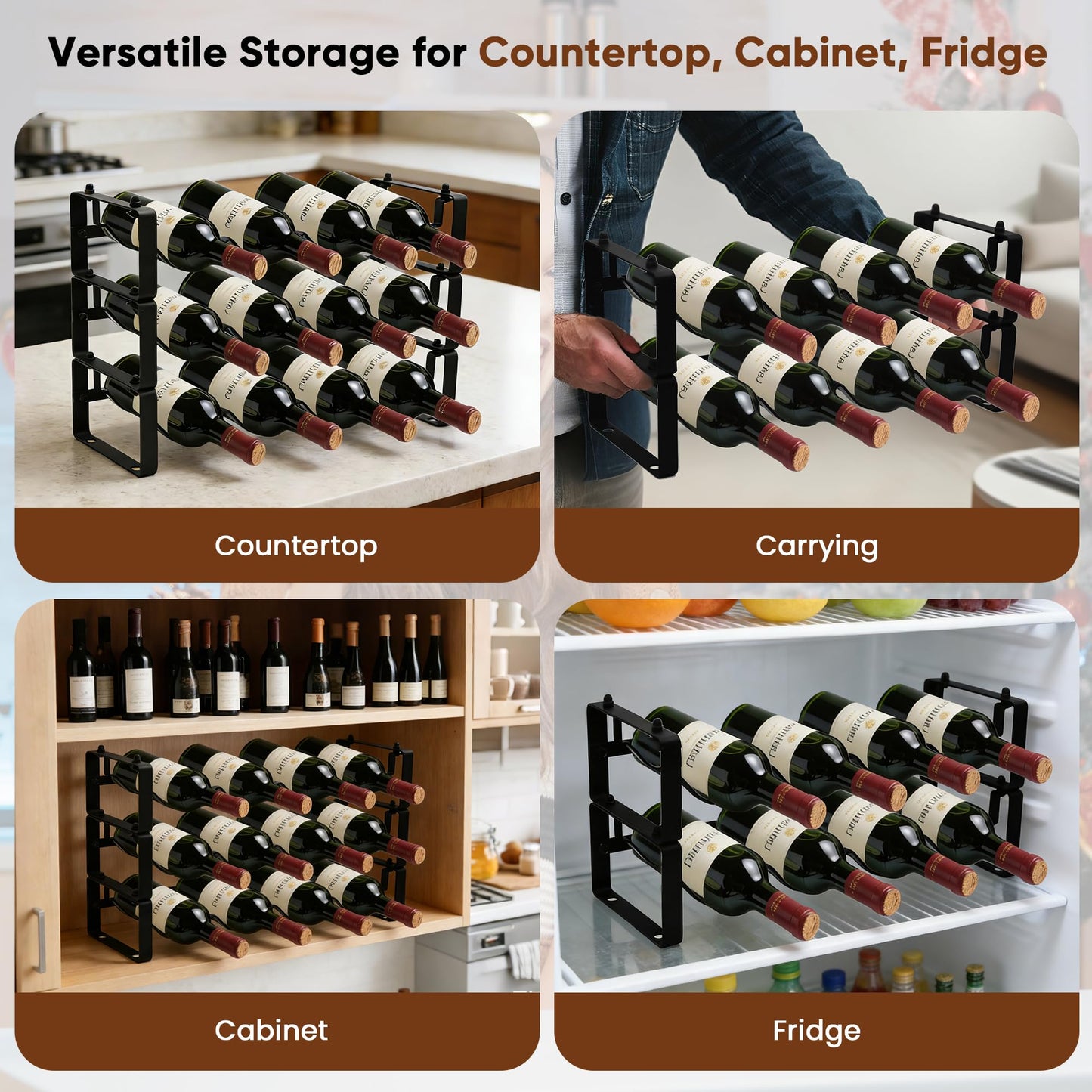 HRUSGO Wine Rack for Countertop – Stackable Freestanding Bottle Organizer for Kitchen, Pantry, Bar Cabinet & Small Spaces – Compact Metal Shelf & Modular Storage Stand (3-Tier)