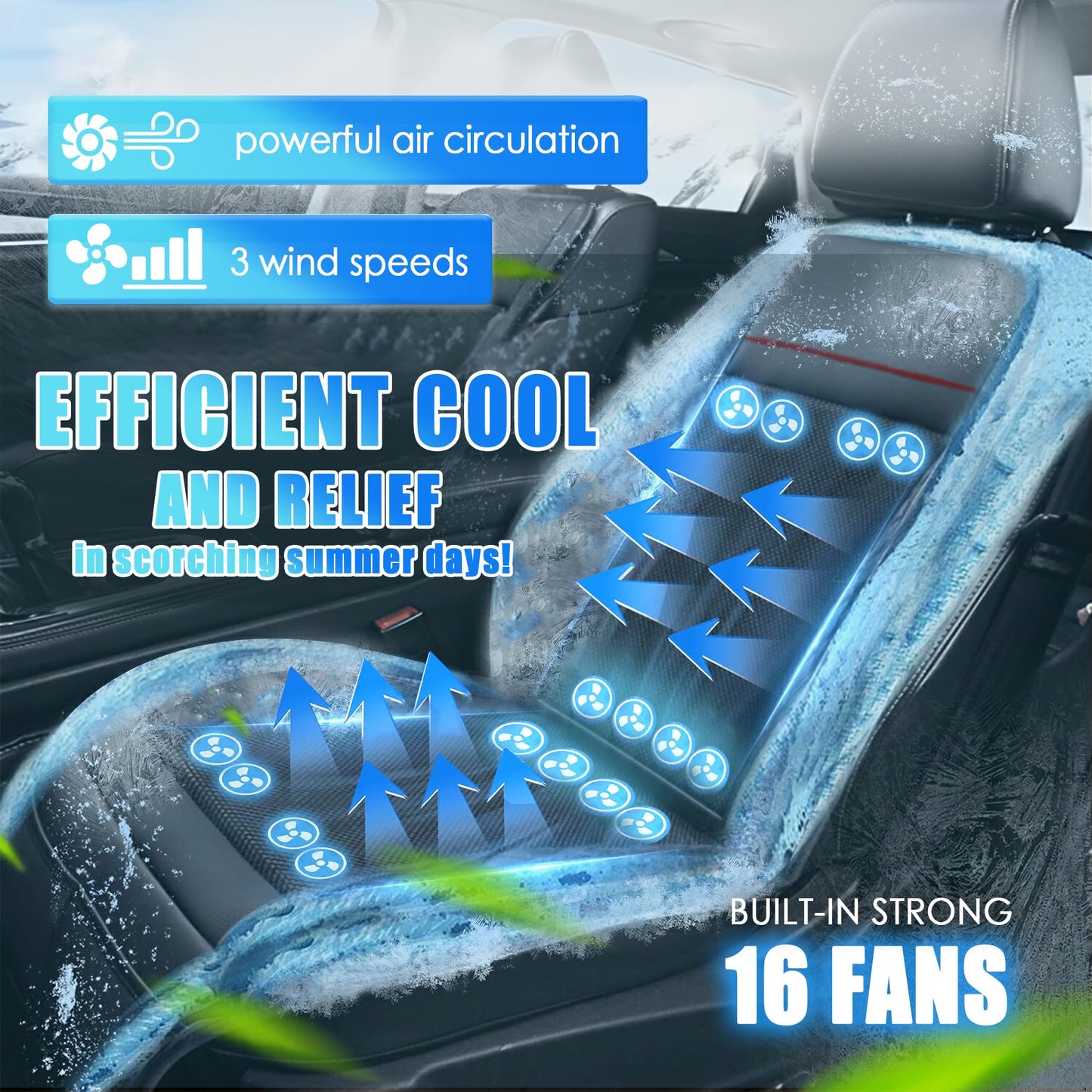 Fochutech Cooling Car Seat Cover with Massage 12V Front Seat Cooler for Vehicle Breathable Warm & Cooling Car Seat Cushion Summer Driving Ventilated 16 Fans Cooling Seat Cover for Car (Black)