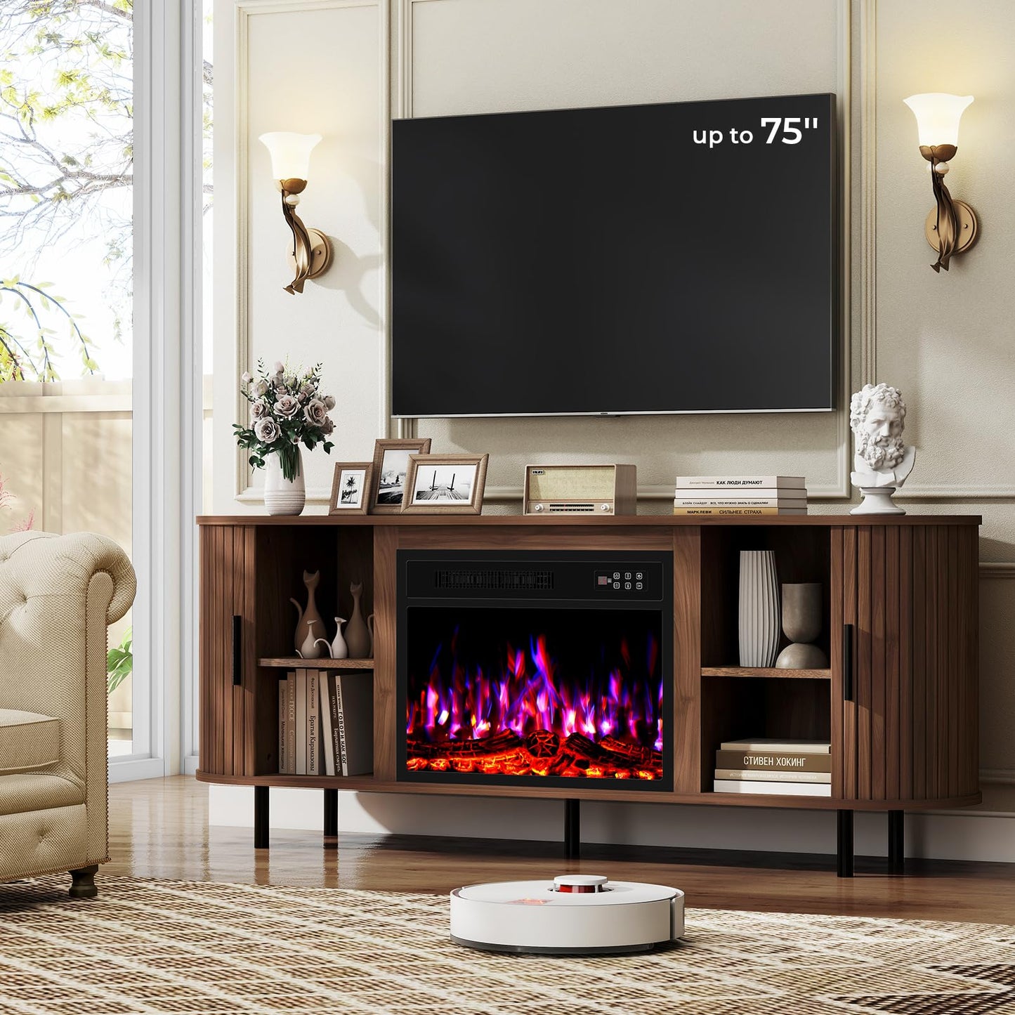 BREEZEHEAT 65'' Mid Century Modern Fluted TV Stand with 23" Fireplace, Curved Fireplace Entertainment Center for TVs Up to 75 Inches, Walnut Media Console Cabinet for Living Room