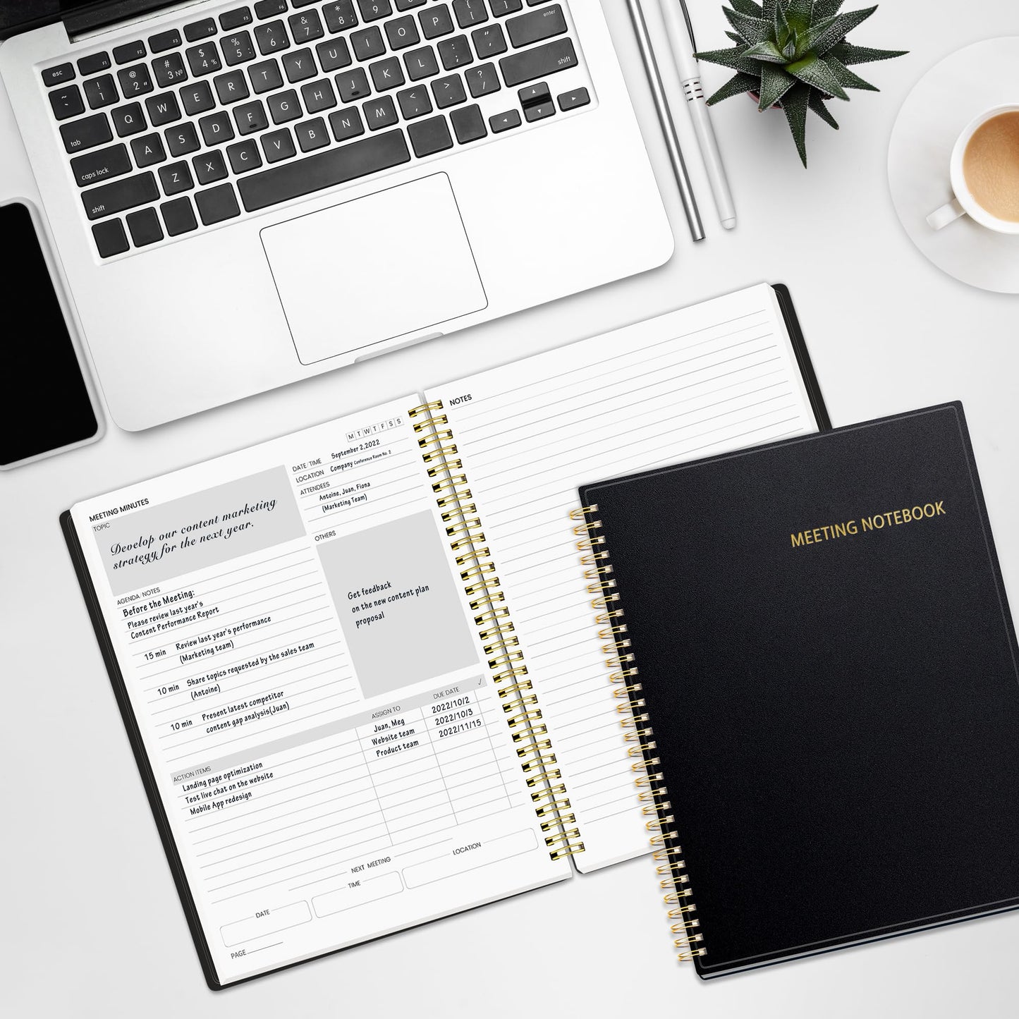 SUNEE Half Meeting Half Note - 8.5"x11" Professional Notebooks for Work - 160 Pages, A4 Size Project Planner, Spiral Meeting Agenda/Minutes Organizer for Women Men, Note Taking, Office & Business