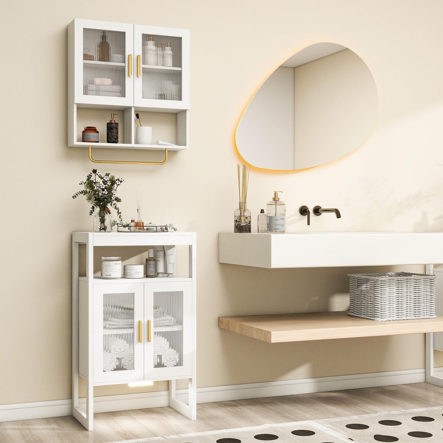 Edospaen Bathroom Floor Storage Cabinet Freestanding Organizer with Sensor Light & Acrylic Doors for Bathroom, Home Office, Bedside, Sofa Side Table