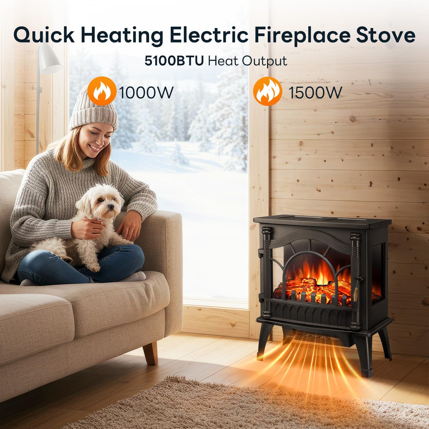 ZAFRO Freestanding Electric Fireplace Stove with Realistic Flame, 5100 BTU Electric Fireplace Heater with Retro Design, 1000W/1500W, Dual Safety Protection for Living Room, Bedroom
