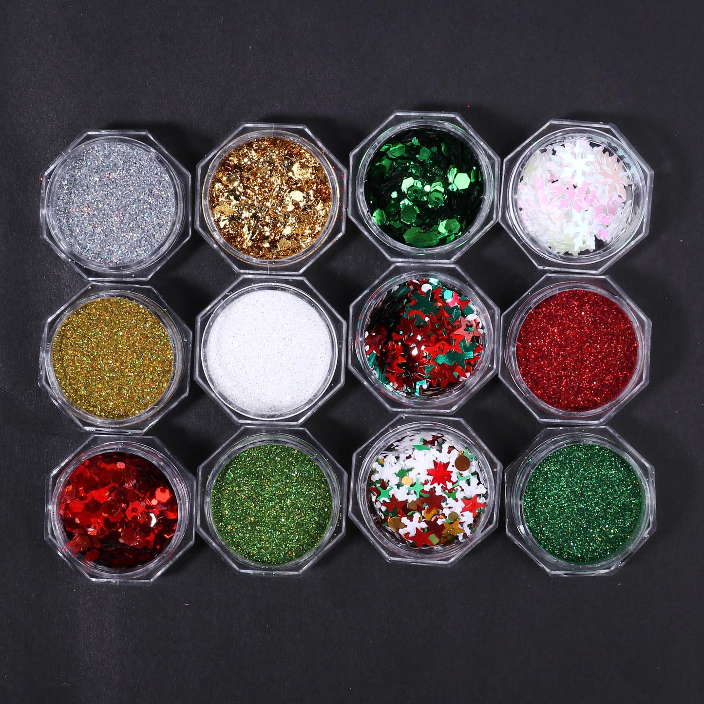 Christmas Nail Art Glitter Sequins 12 Boxes Winter Snowflake Nail Glitter Flakes Holographic Fine Glitter Powder Dipping Pigment Green Red Gold Foils Xmas Sugar Nail Design for Acrylic Nails Supplies