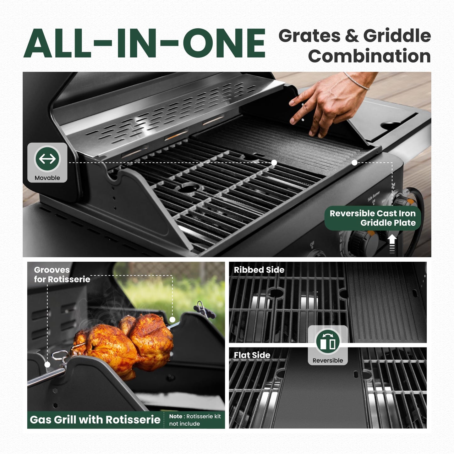 2 in 1 Propane Gas BBQ Grill with Side Burner & Porcelain-Enameled Cast Iron Grate, 4-Burner Flat Top Grill, 46,700 BTU Outdoor Barbecue Propane Griddle Grill Combo for Camping, Patio, Backyard